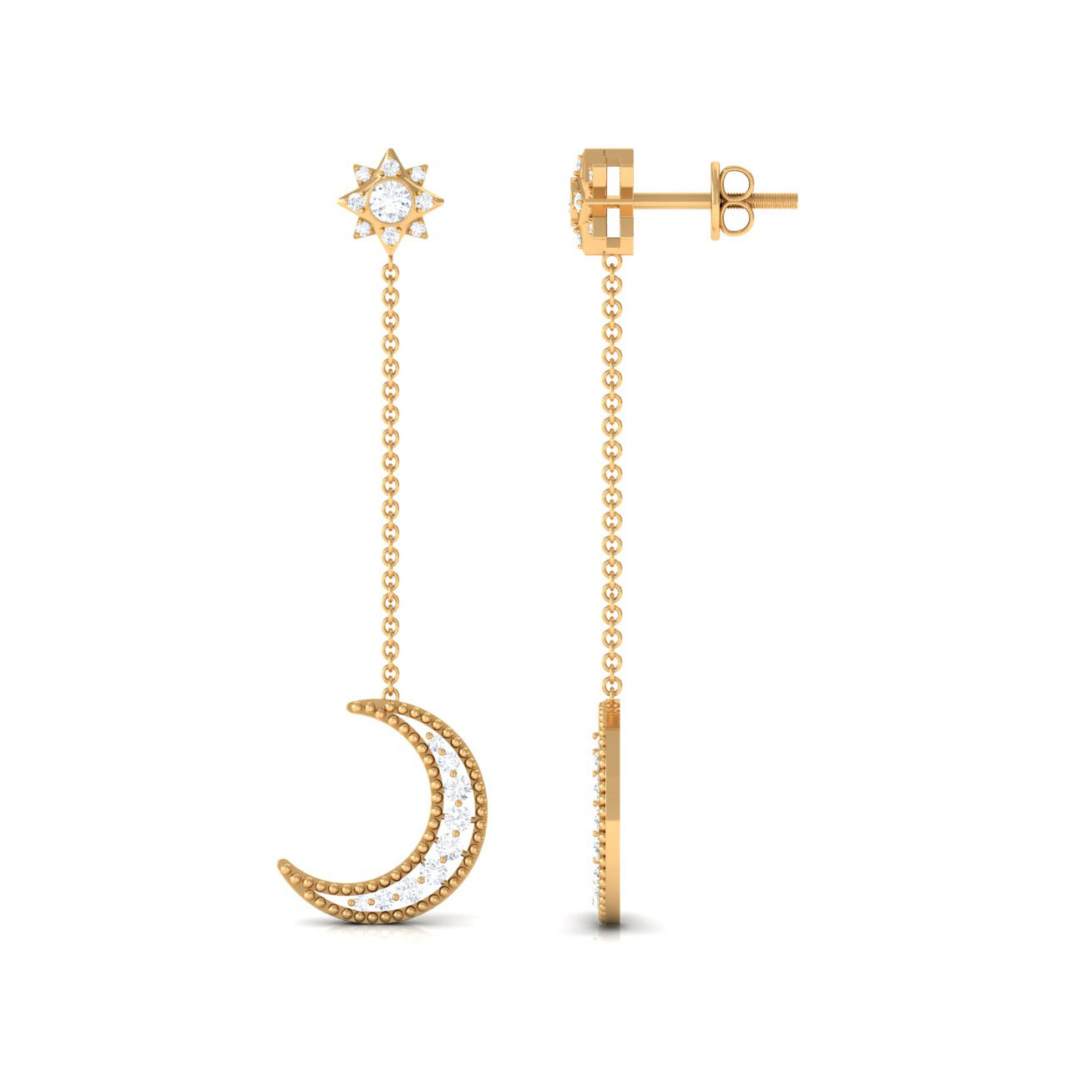 Rosec Jewels-1/2 CT Diamond Star and Moon Drop Chain Earrings