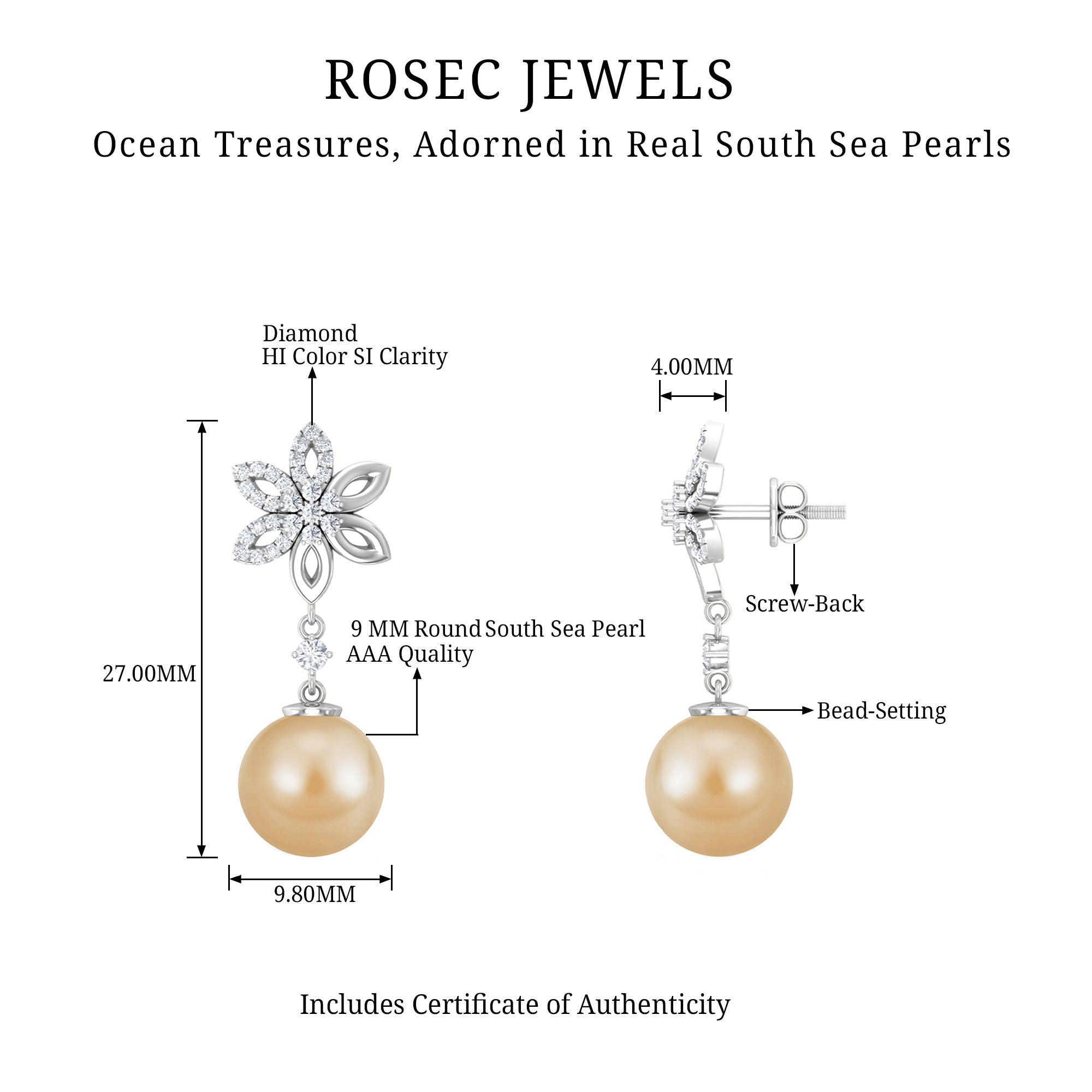 11.50 CT Diamond Floral Earrings with South Sea Pearl Drop South Sea Pearl - ( AAA ) - Quality - Rosec Jewels