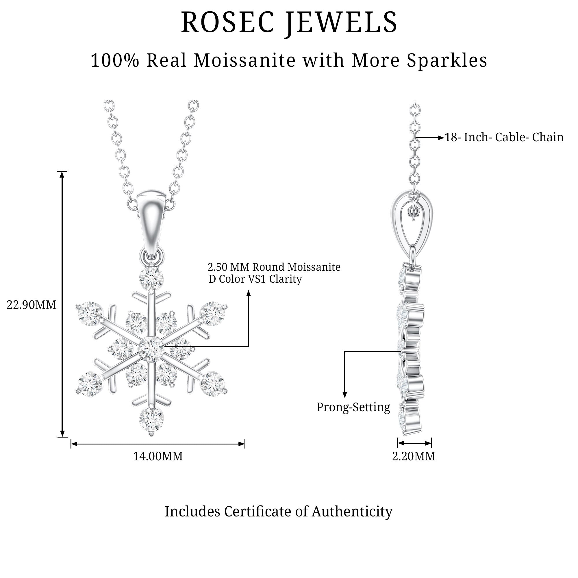 Certified Moissanite Snowflake Necklace Pendant for Women D-VS1 - Rosec Jewels