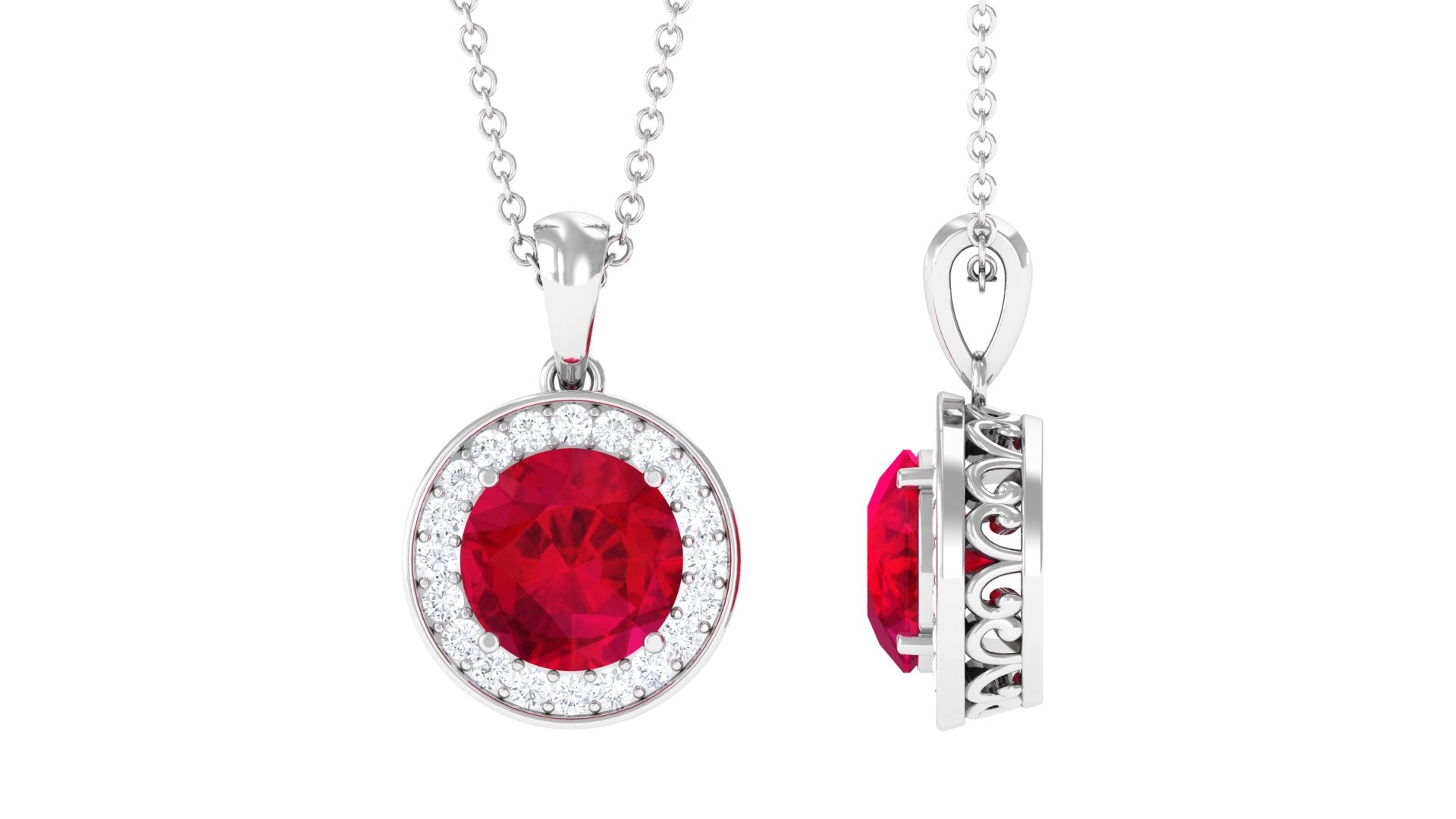 Created Ruby and Zircon Classic Halo Pendant in Gold Lab Created Ruby - ( AAAA ) - Quality - Rosec Jewels