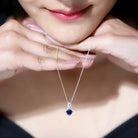 Cushion Cut Lab Grown Blue Sapphire Solitaire Necklace with Diamond AAAA - Rosec Jewels