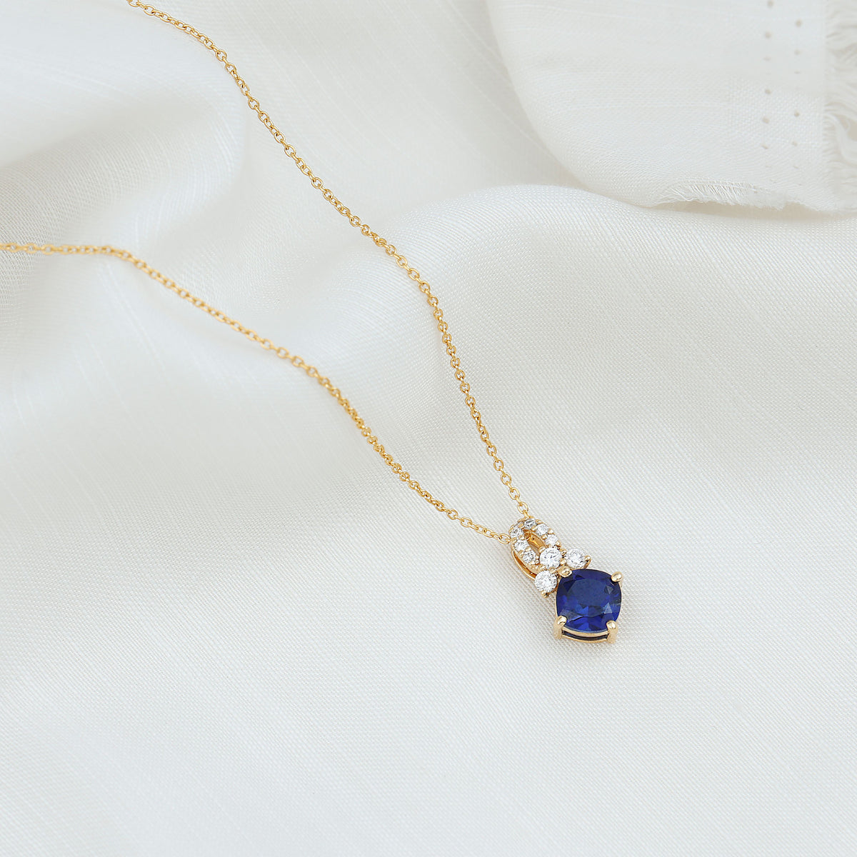 Cushion Cut Lab Grown Blue Sapphire Solitaire Necklace with Diamond AAAA - Rosec Jewels