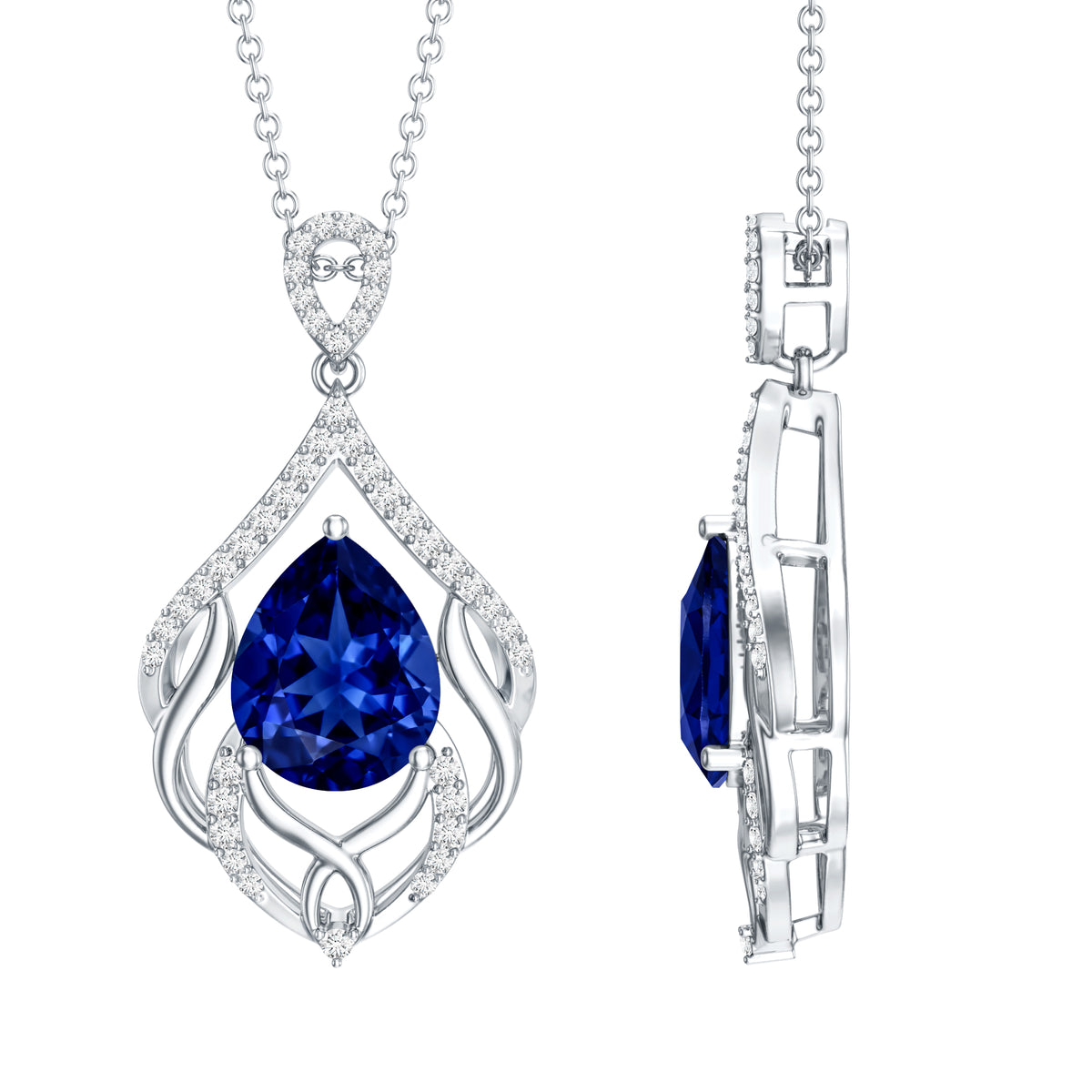 Certified Lab Grown Blue Sapphire Designer Necklace with Diamond Accent AAAA - Rosec Jewels