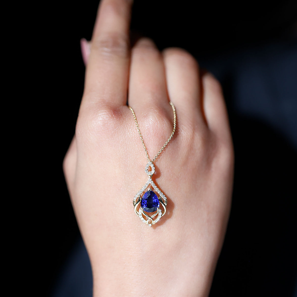 Certified Lab Grown Blue Sapphire Designer Necklace with Diamond Accent AAAA - Rosec Jewels