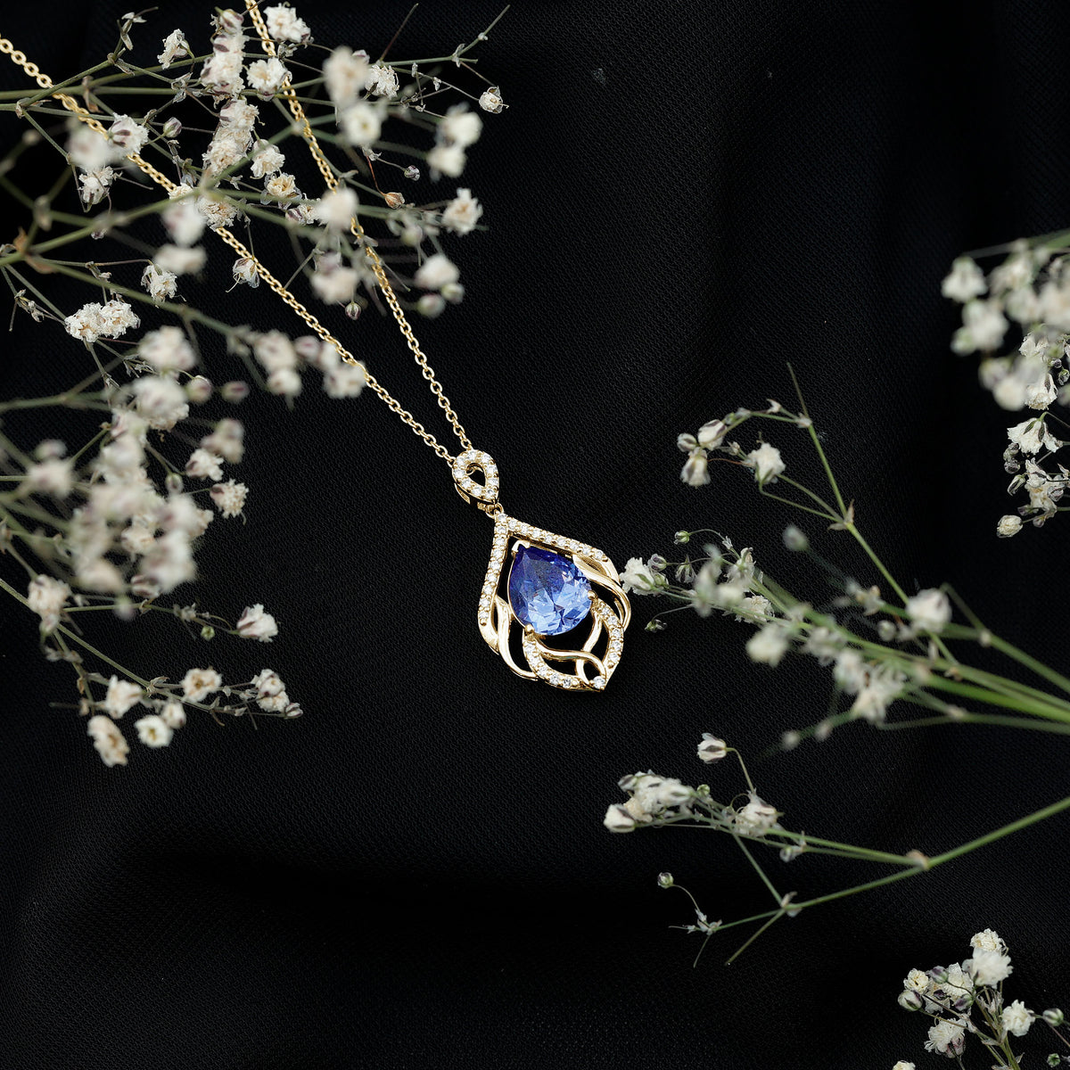 Certified Lab Grown Blue Sapphire Designer Necklace with Diamond Accent AAAA - Rosec Jewels