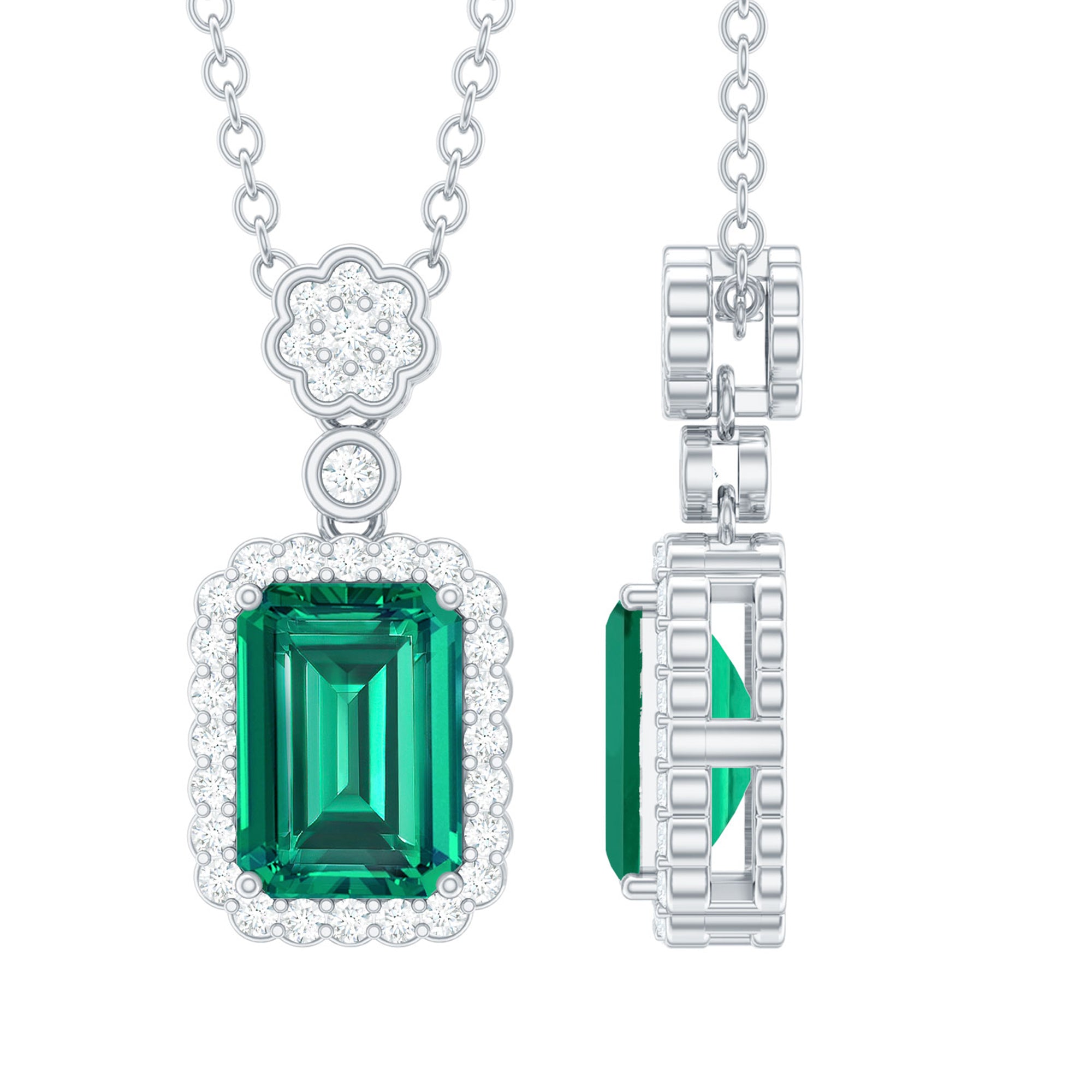 Certified Lab Grown Emerald Vintage Bridal Necklace with Silver Chain