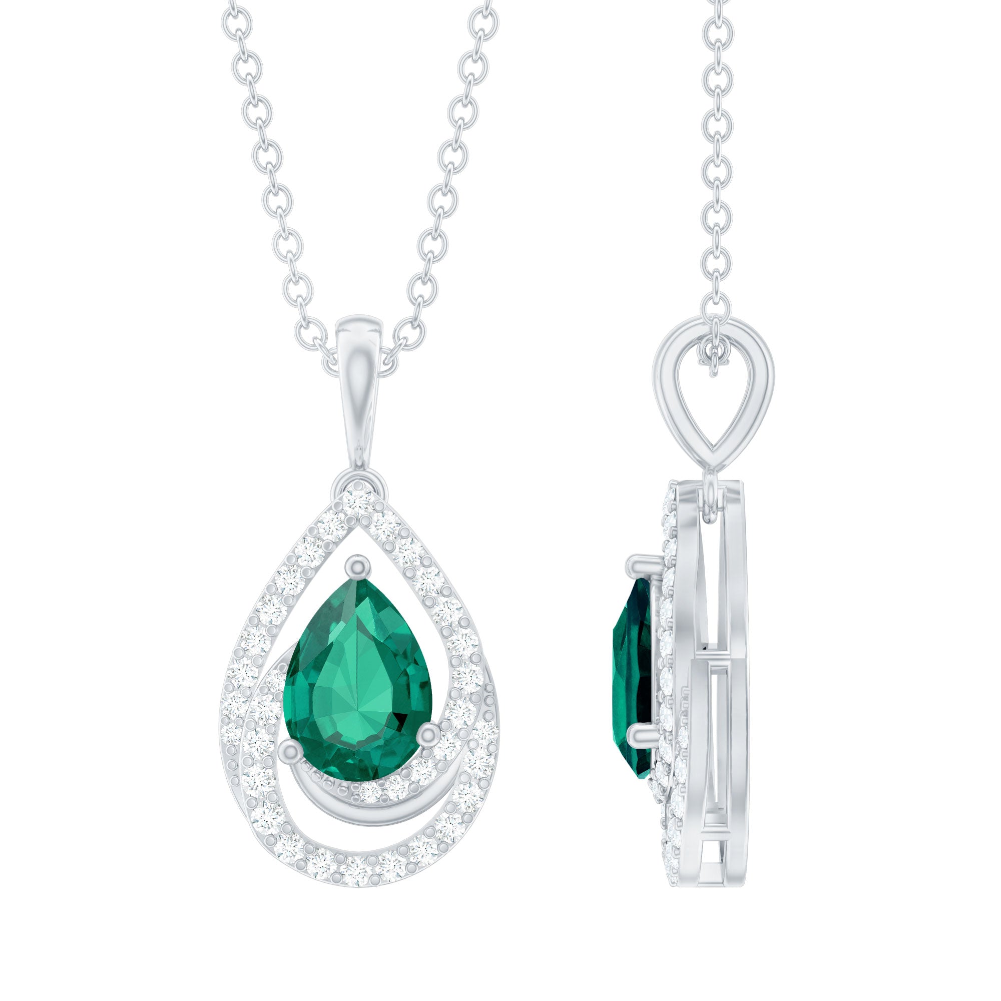 Lab Grown Emerald Vintage Teardrop Pendant Necklace with Moissanite