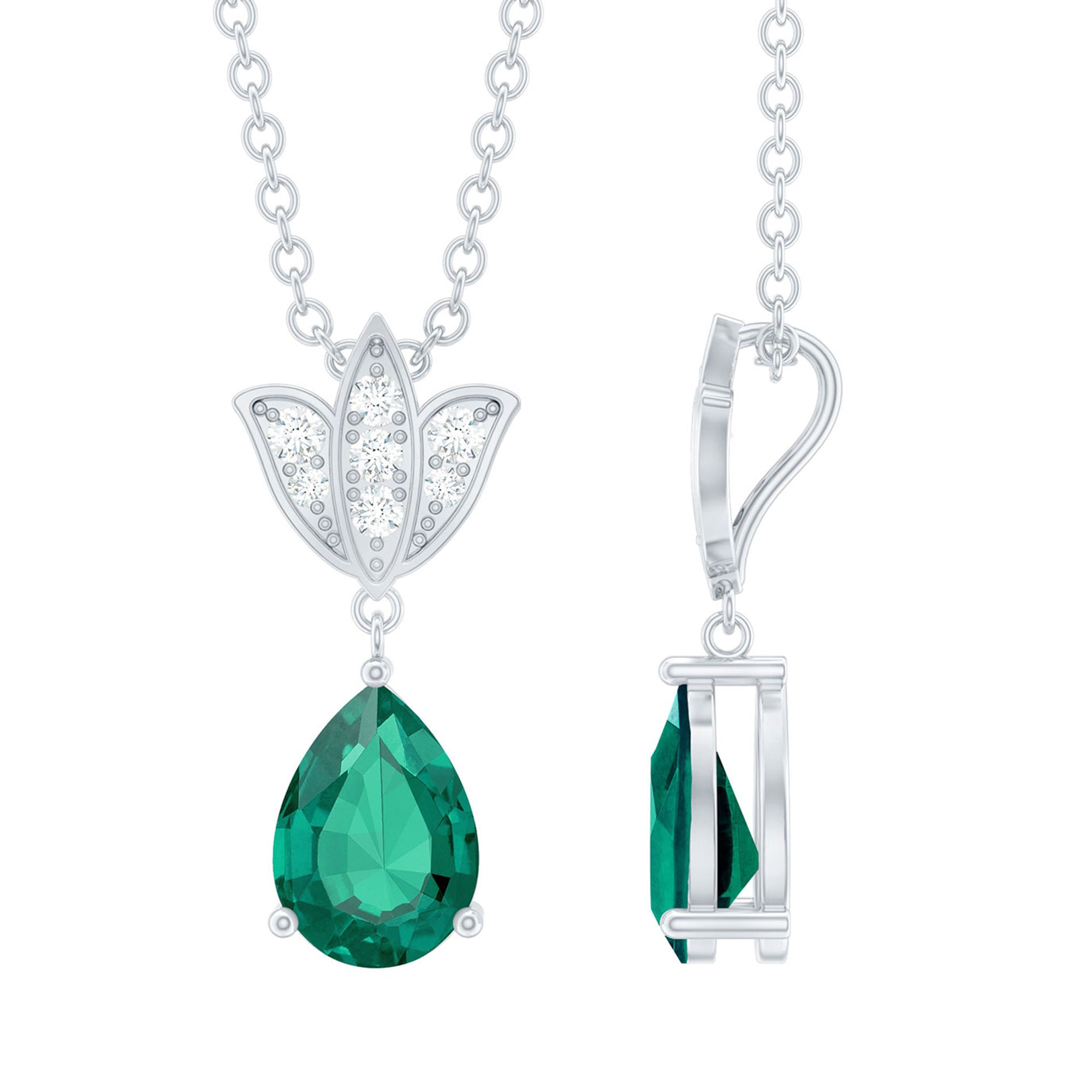 Emerald Lotus Flower Necklace with Silver Chain