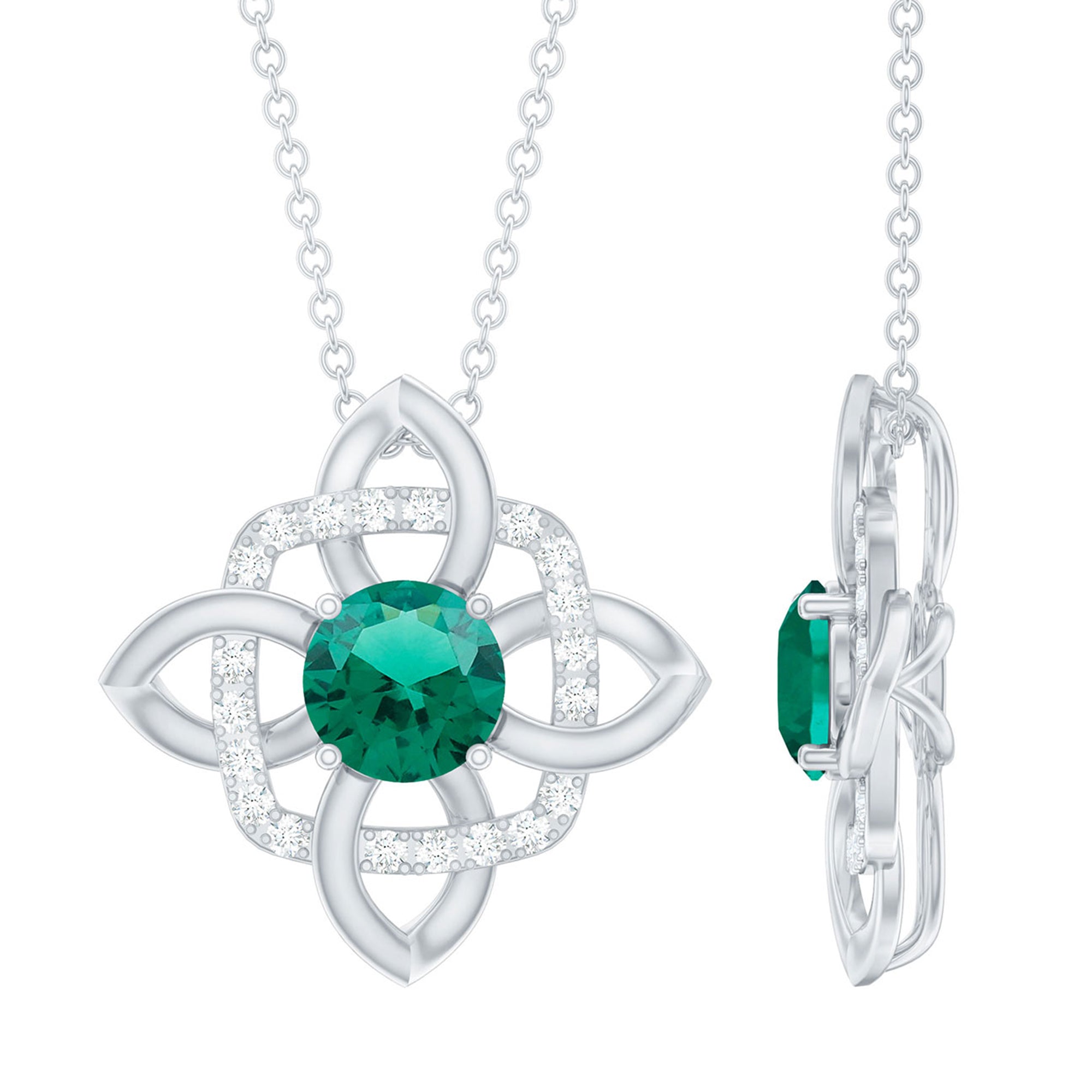 Lab Grown Emerald Floral Pendant Necklace In Silver