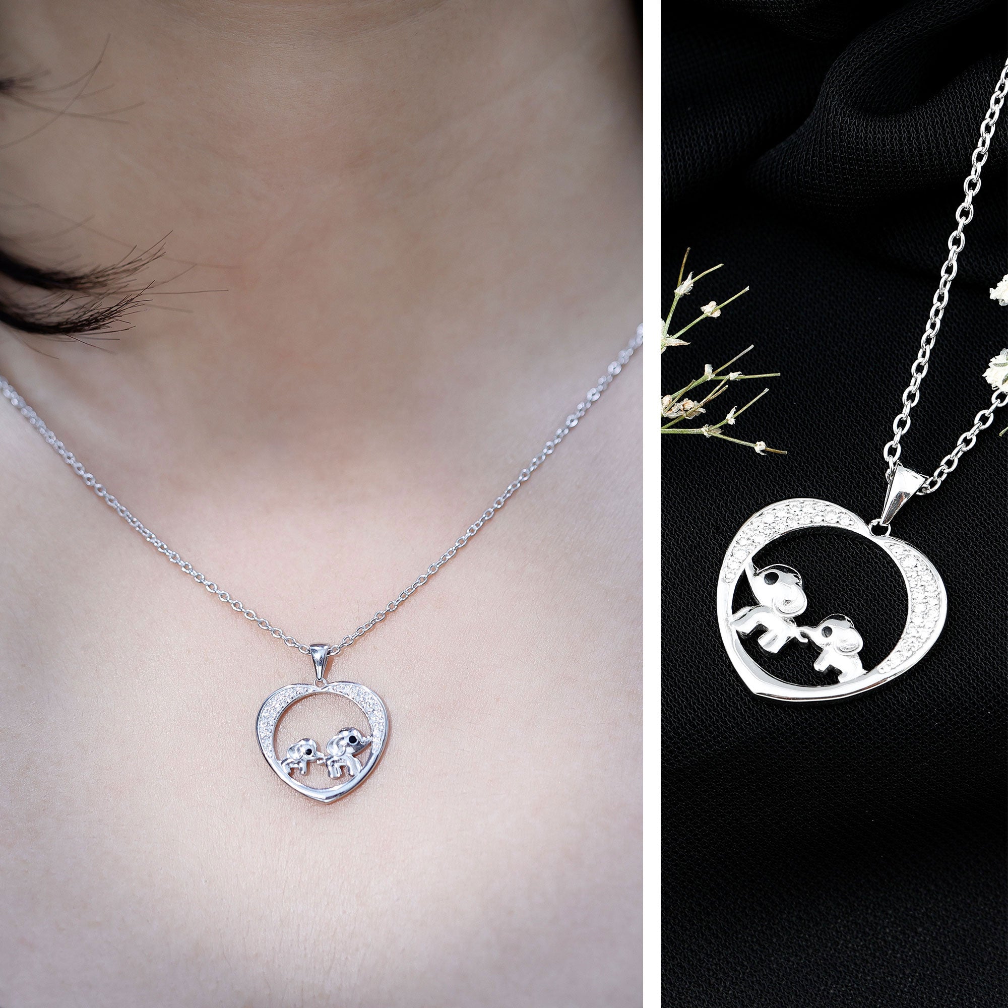 Diamond Elephant Mother Child Necklace Natural - ( HI-SI ) - Rosec Jewels
