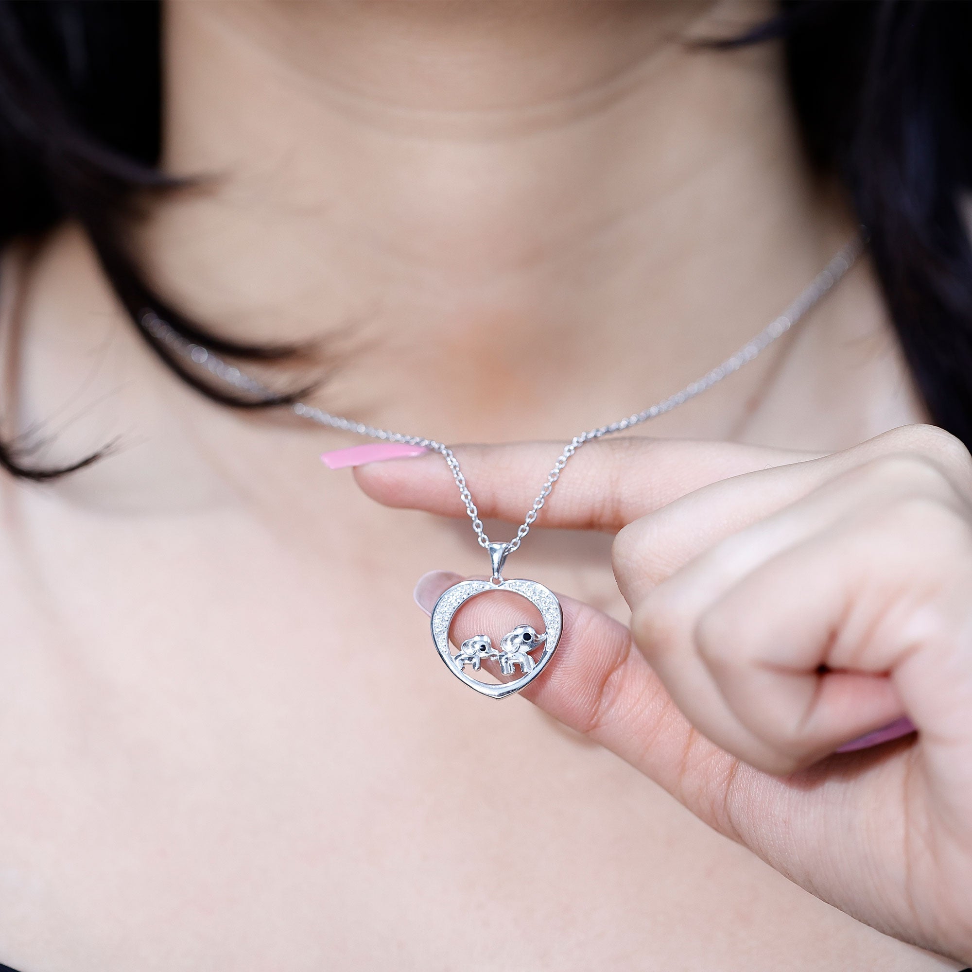 Diamond Elephant Mother Child Necklace Natural - ( HI-SI ) - Rosec Jewels