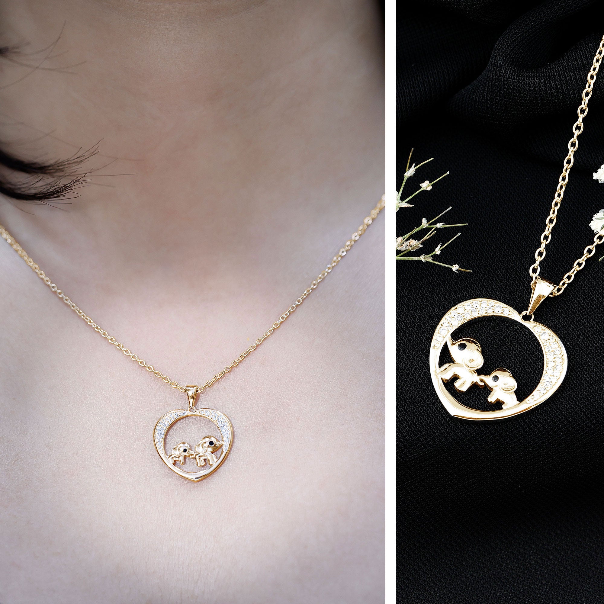 Diamond Elephant Mother Child Necklace Natural - ( HI-SI ) - Rosec Jewels