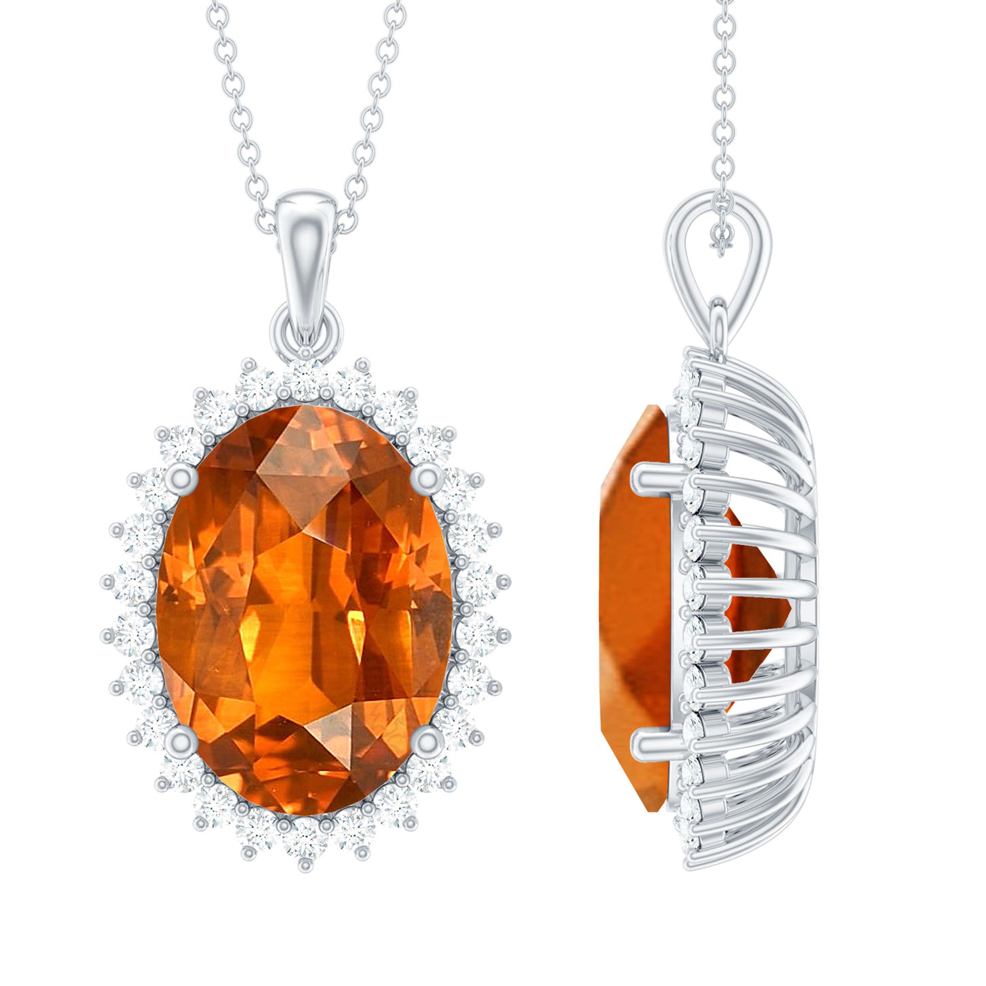 13X18mm Lab Grown Orange Sapphire Moissanite Halo Necklace With Silver Chain