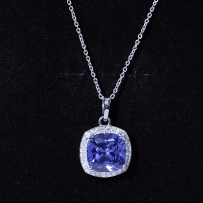 Rosec Jewels-Certified 12 MM Cushion Lab Grown Blue Sapphire Halo Necklace