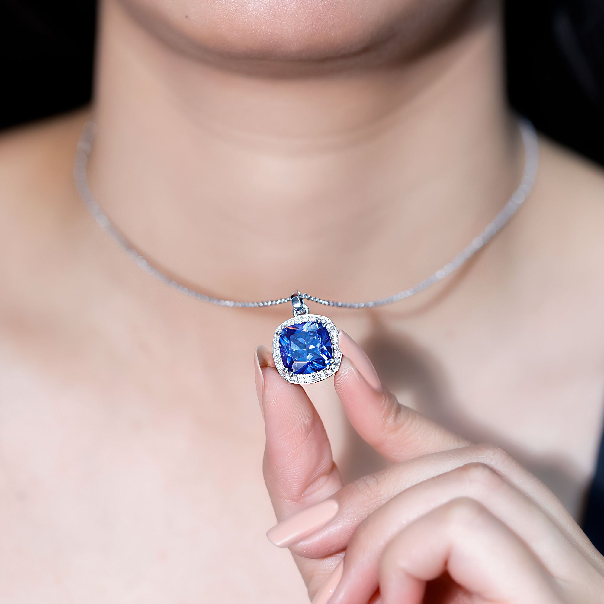 Rosec Jewels-Certified 12 MM Cushion Lab Grown Blue Sapphire Halo Necklace