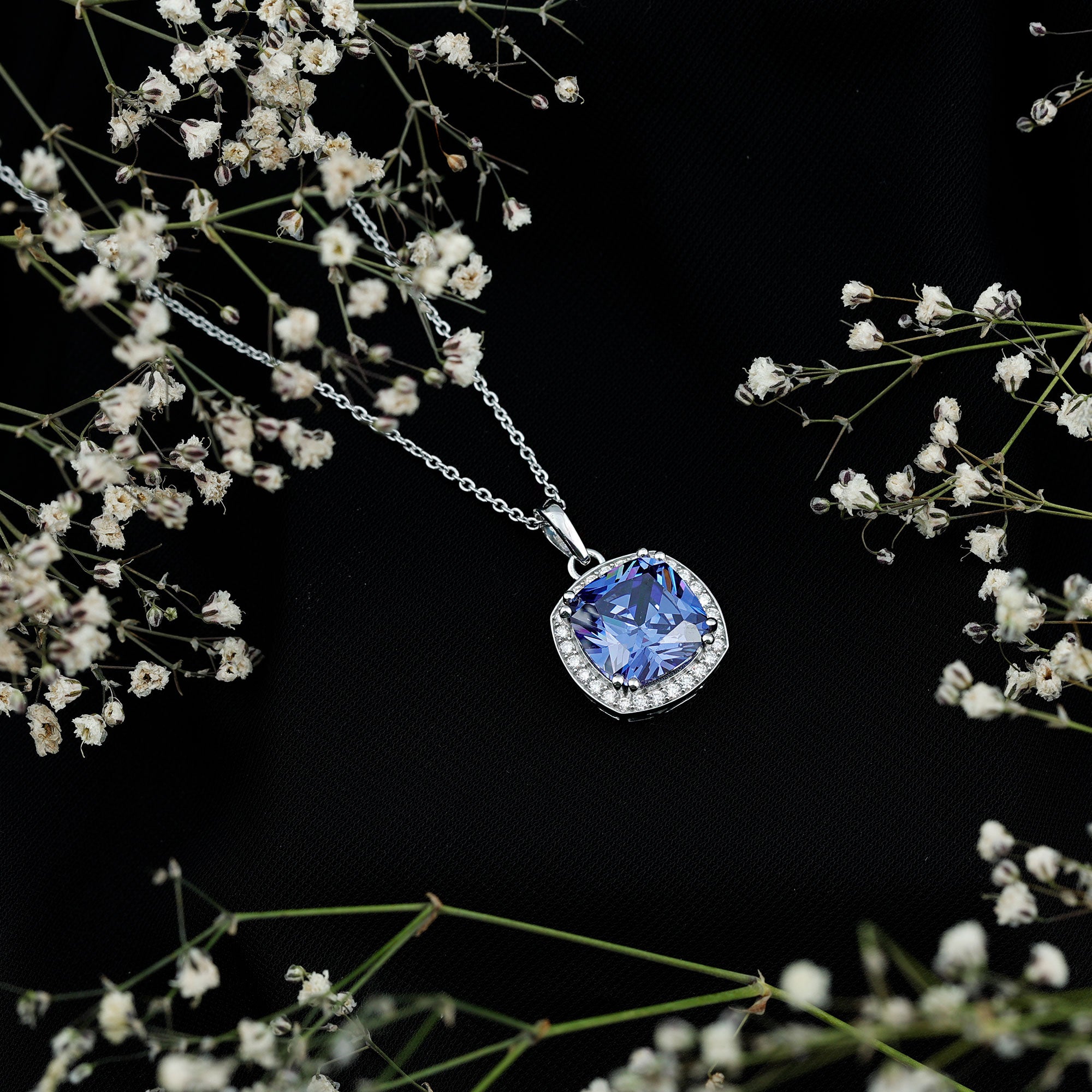Rosec Jewels-Certified 12 MM Cushion Lab Grown Blue Sapphire Halo Necklace