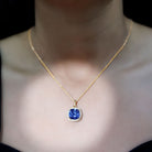 Rosec Jewels-Certified 12 MM Cushion Lab Grown Blue Sapphire Halo Necklace