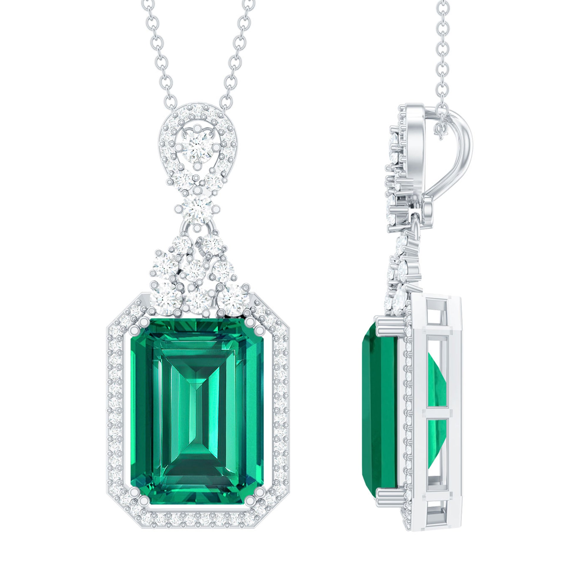 Created Emerald Vintage Style Pendant Necklace for Women With Silver Chain