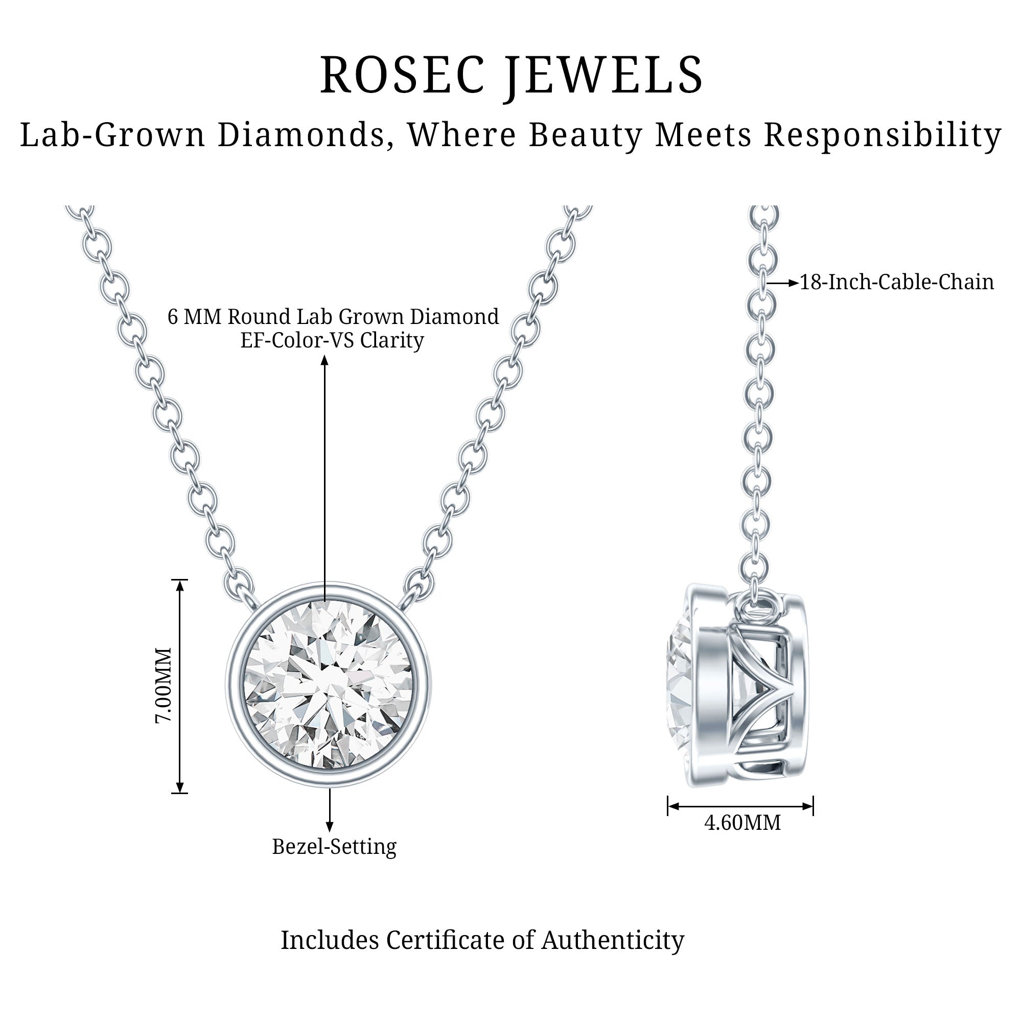 Rosec Jewels-IGI Certified 1 CT Lab Grown Diamond Necklace in Bezel Setting