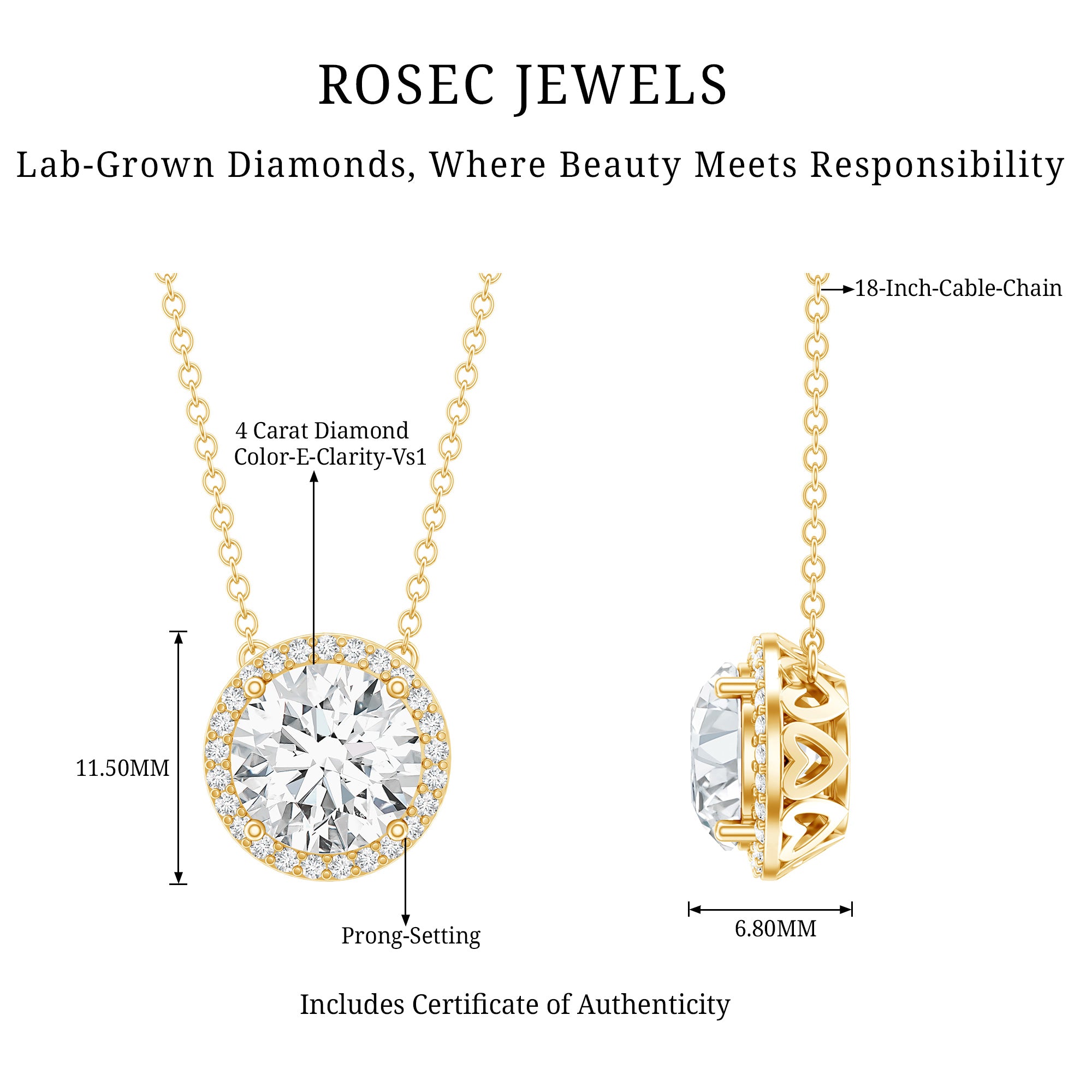 IGI Certified 4 Carat Round Lab Grown Diamond Statement Necklace Lab - ( E-VS1 ) - Rosec Jewels
