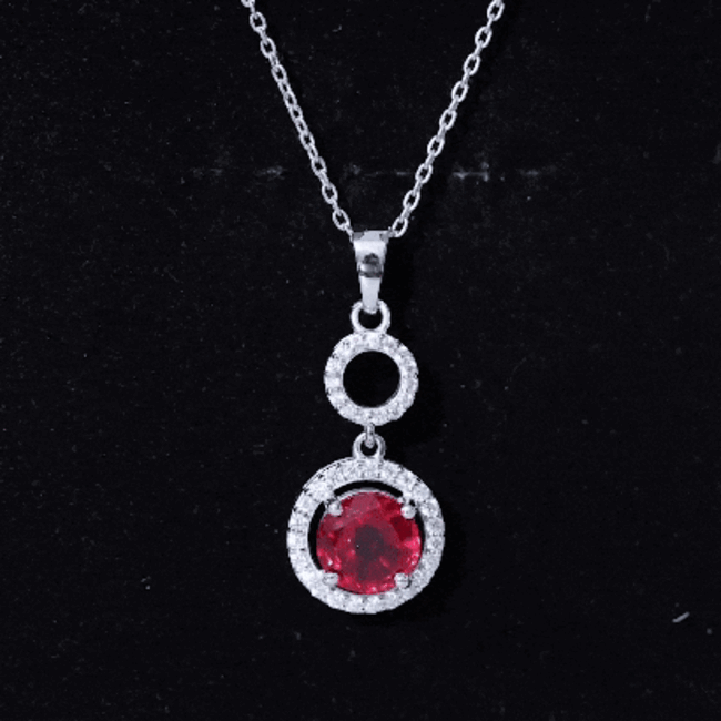 Lab Grown Ruby Dangle Necklace with Moissanite Halo AAAA - Rosec Jewels