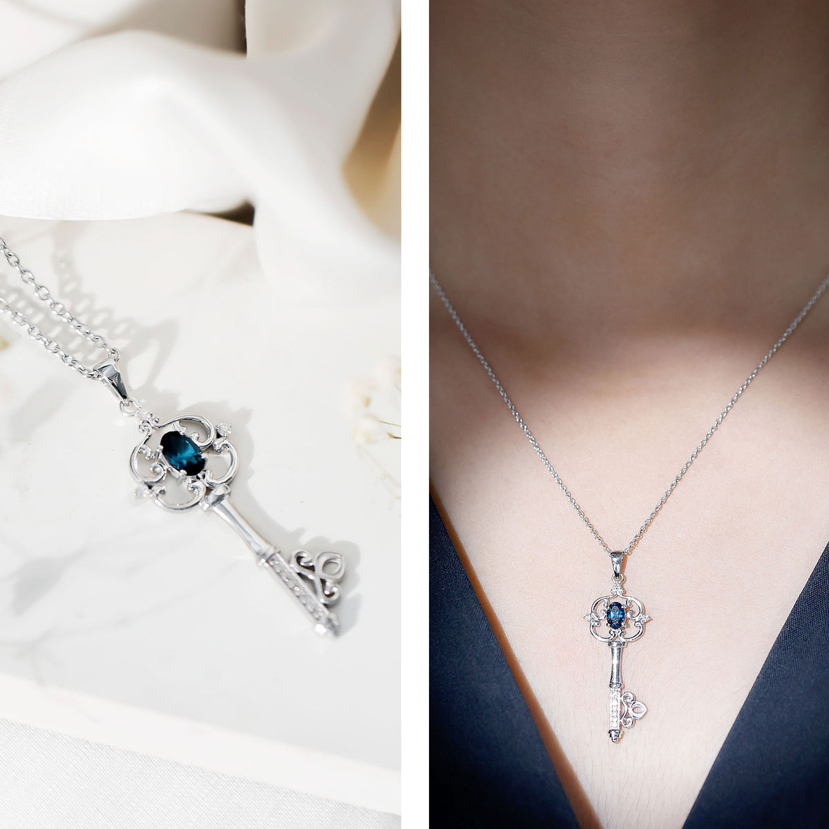 London Blue Topaz and Diamond Vintage Key Necklace AAA - Rosec Jewels