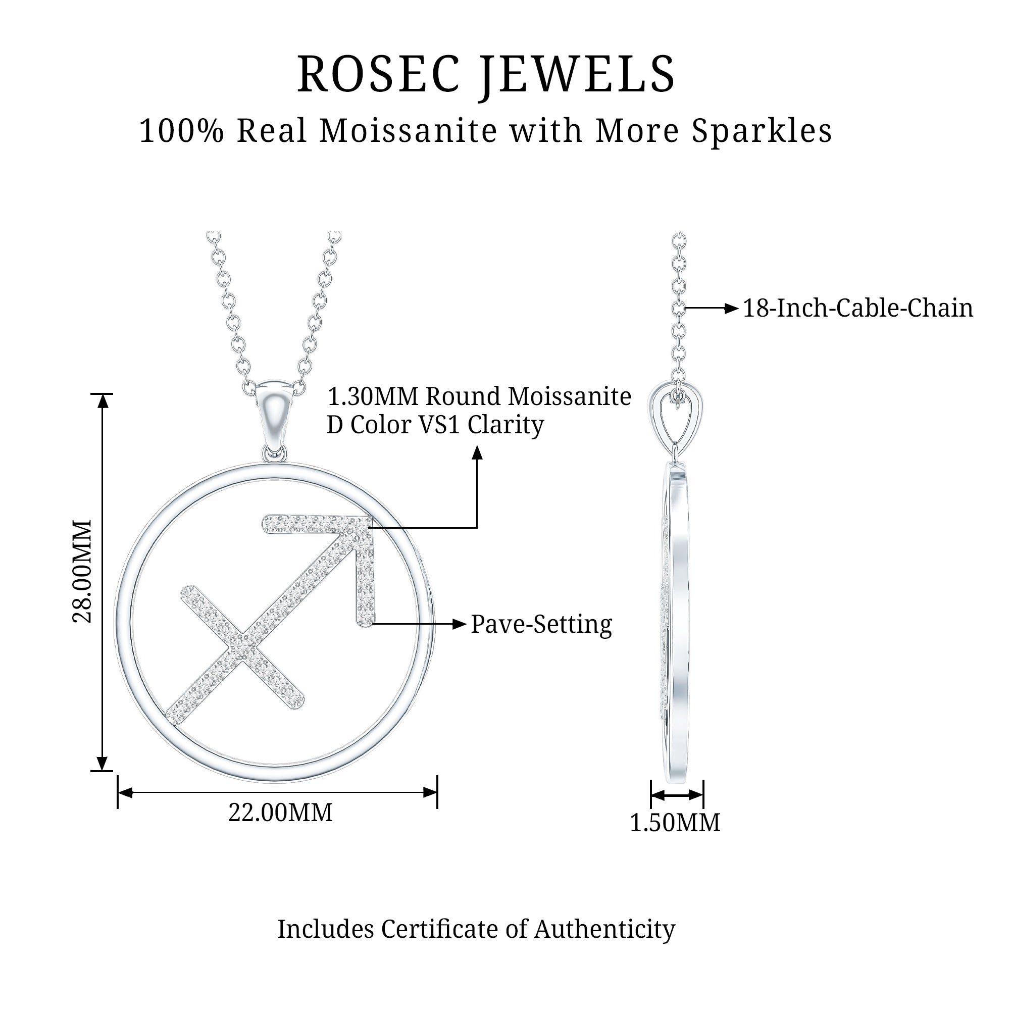 Certified Moissanite Sagittarius Zodiac Sign Necklace D-VS1 - Rosec Jewels