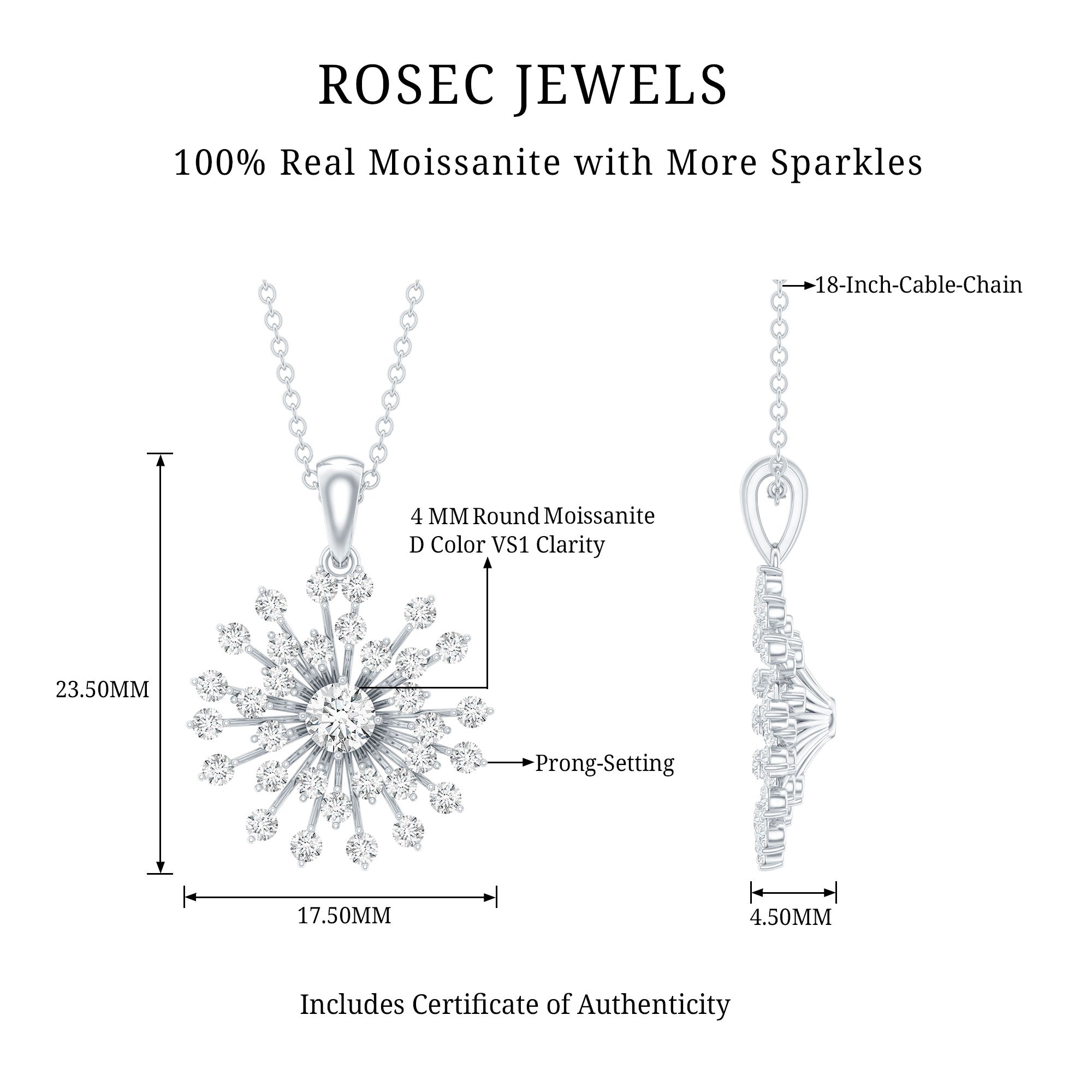 Certified Moissanite Sunburst Pendant for Women D-VS1 - Rosec Jewels