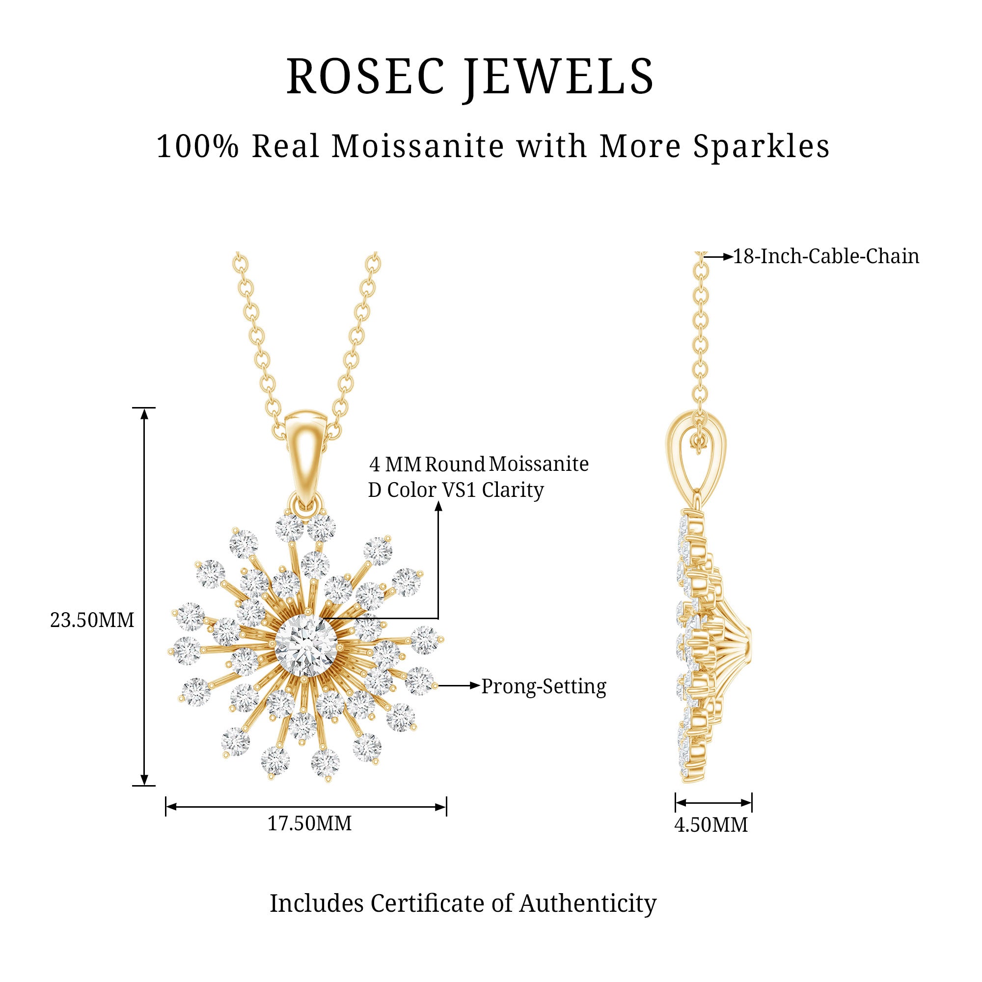 Certified Moissanite Sunburst Pendant for Women D-VS1 - Rosec Jewels