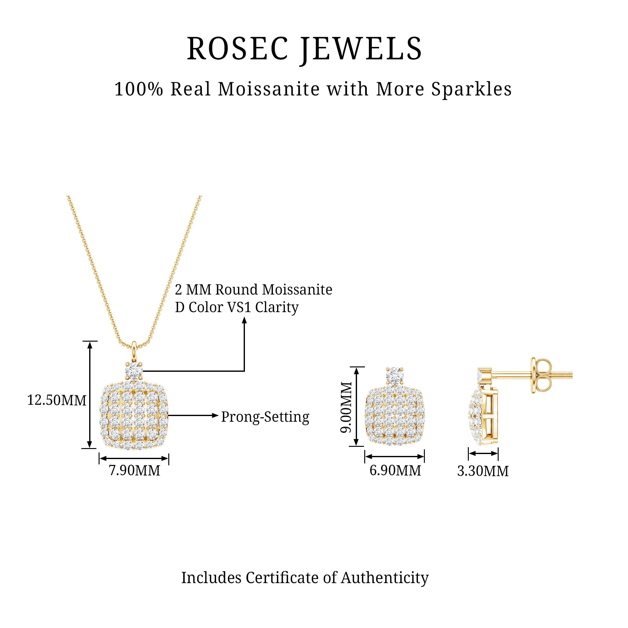 Round Moissanite Matching Necklace and Earrings Set D-VS1 - Rosec Jewels
