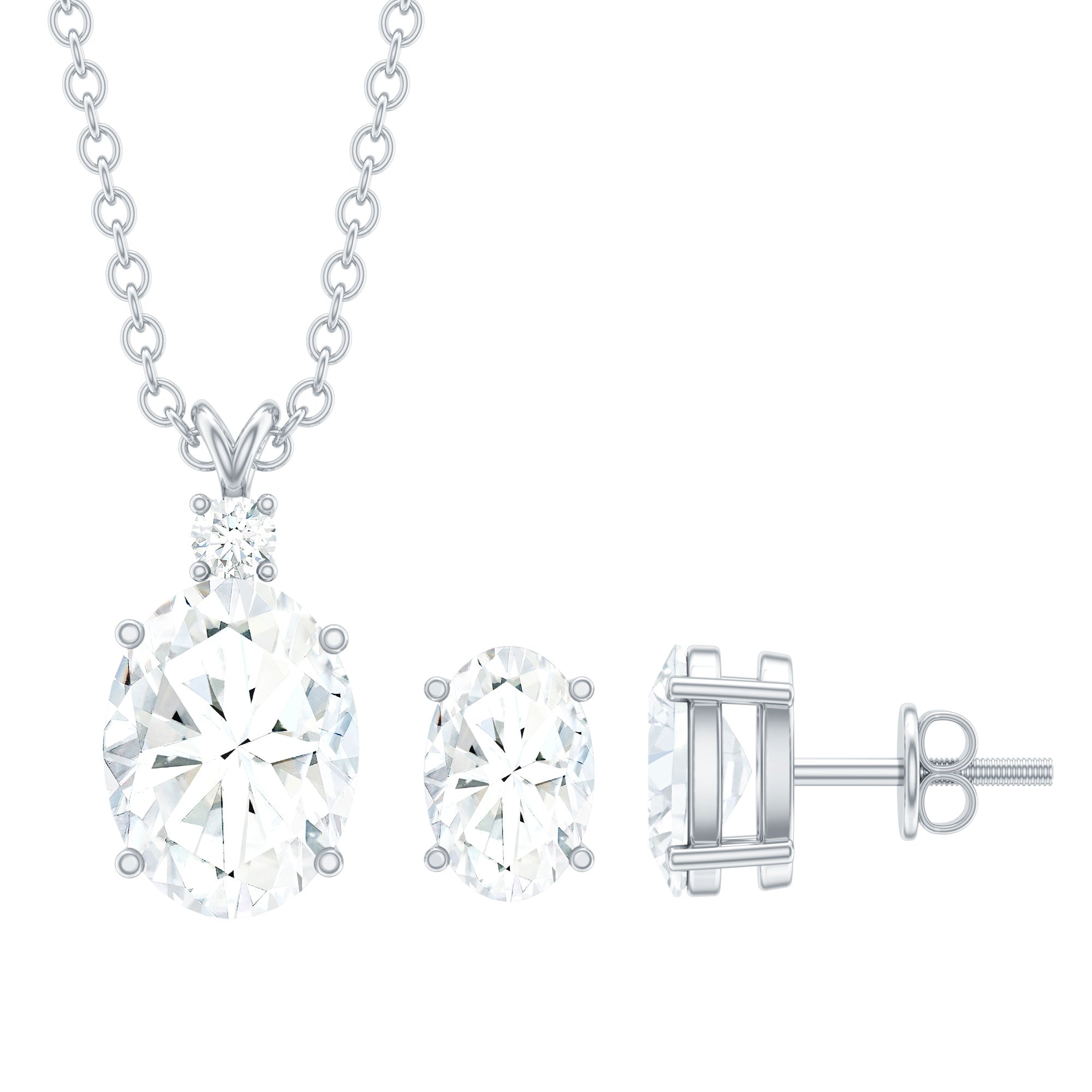 Oval Cut Cubic Zirconia Solitaire Necklace and Earrings in Silver