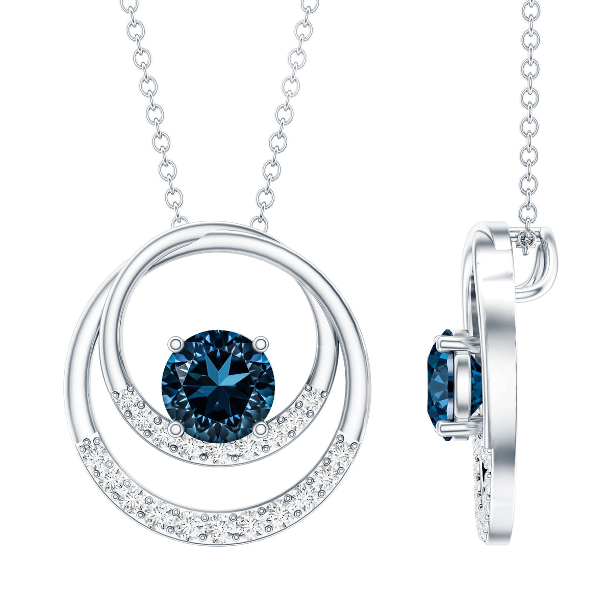 Round London Blue Topaz and Diamond Interlocking Circle Necklace AAA - Rosec Jewels