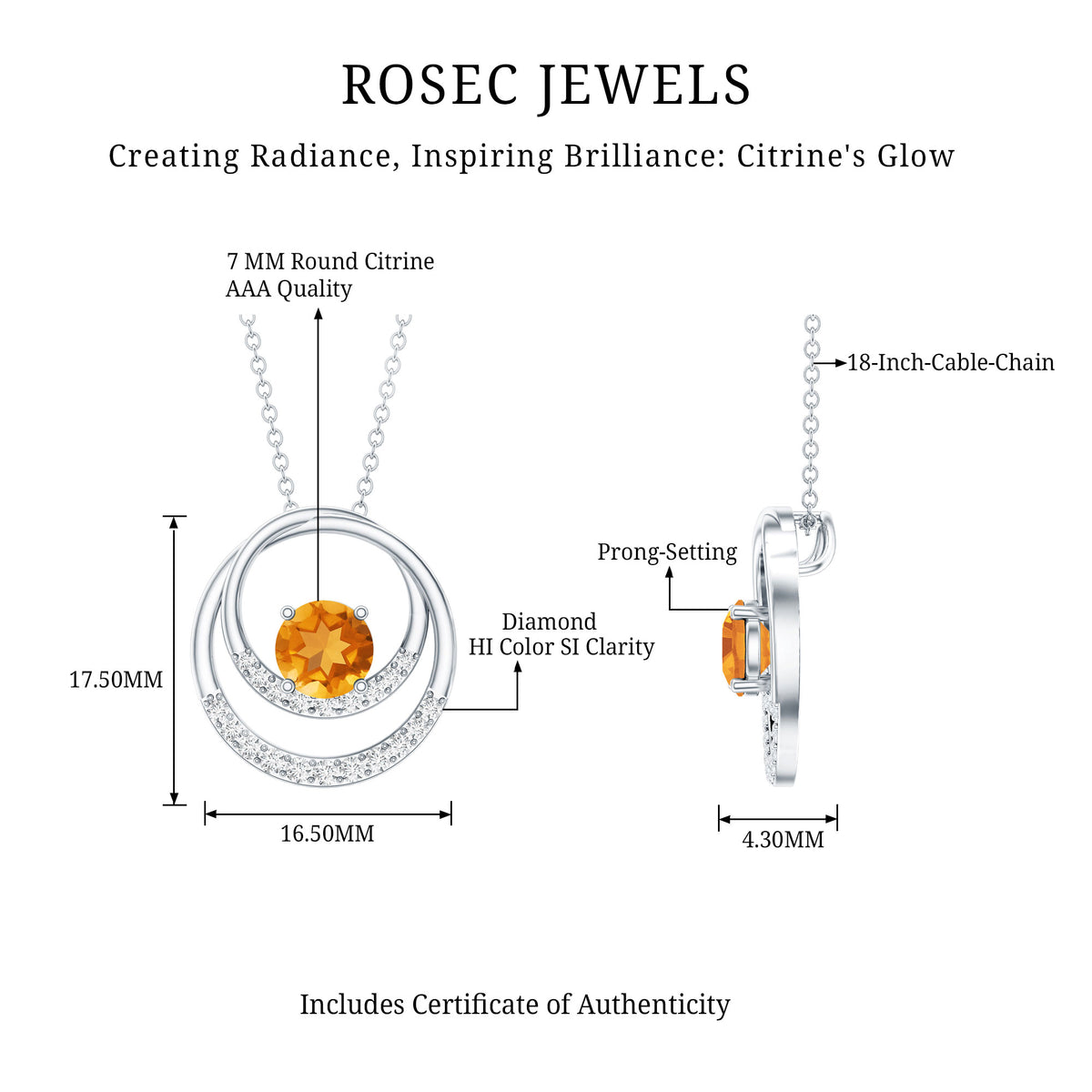 Natural 1.2 Carat Citrine Circle in Circle Necklace with Diamond AAA - Rosec Jewels