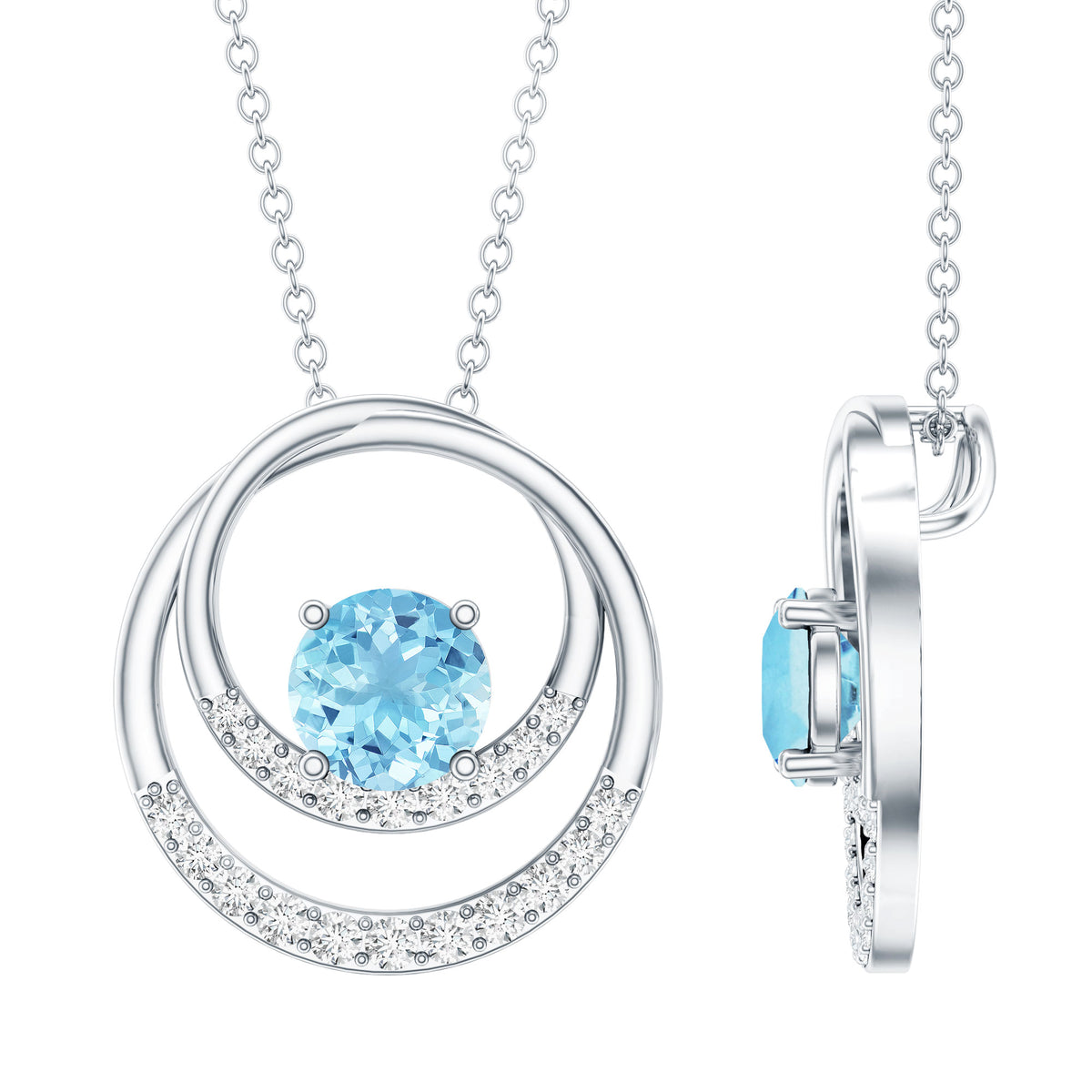 Natural Aquamarine Eternity Circle in Circle Necklace with Diamond AAA - Rosec Jewels