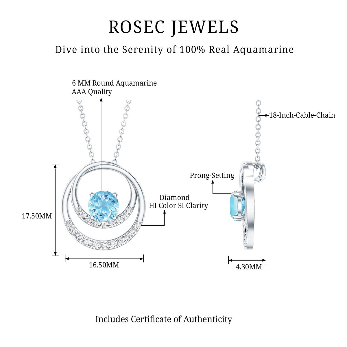 Natural Aquamarine Eternity Circle in Circle Necklace with Diamond AAA - Rosec Jewels
