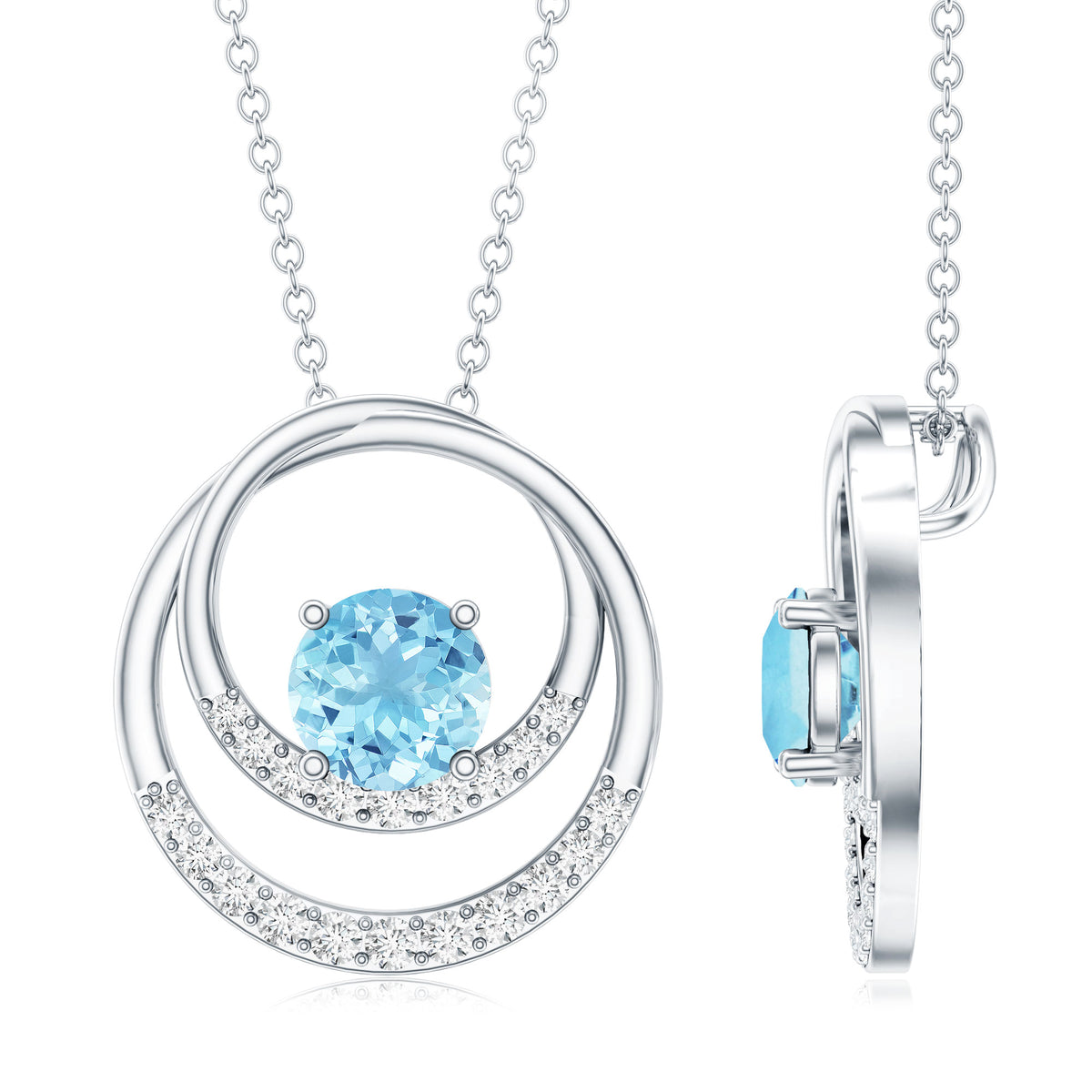 Natural Aquamarine Eternity Circle in Circle Necklace with Diamond AAA - Rosec Jewels