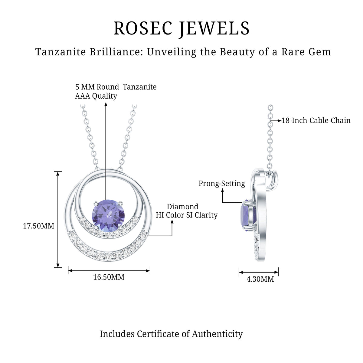 Real Tanzanite and Diamond Open Circle Pendant AAA - Rosec Jewels