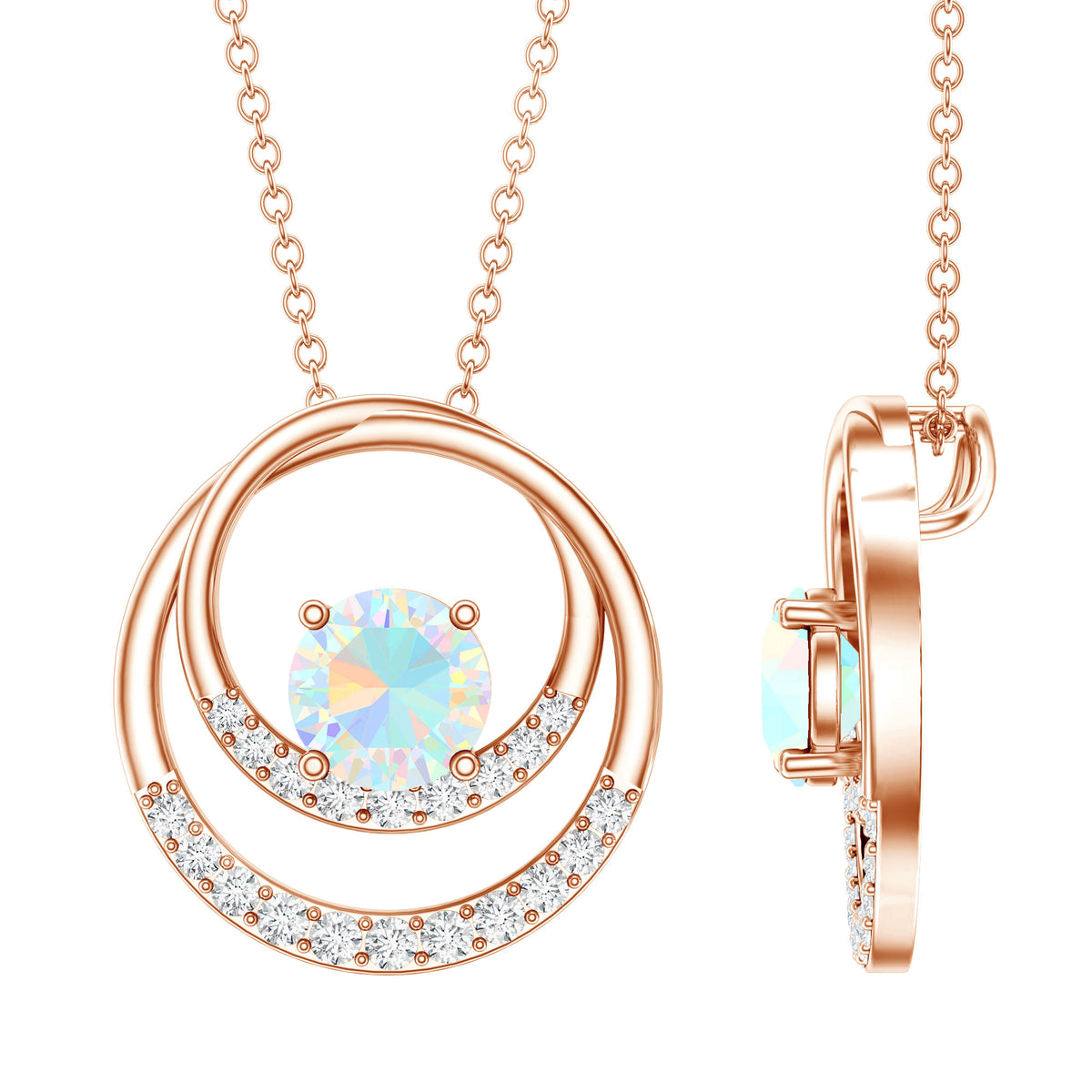 Natural Ethiopian Opal Double Circle Pendant Necklace with Diamond AAA - Rosec Jewels
