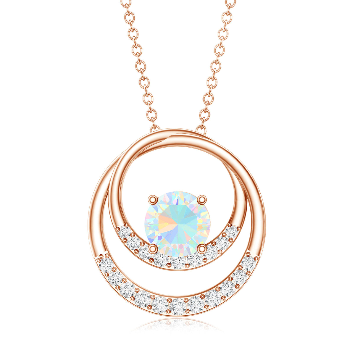 Natural Ethiopian Opal Double Circle Pendant Necklace with Diamond AAA - Rosec Jewels