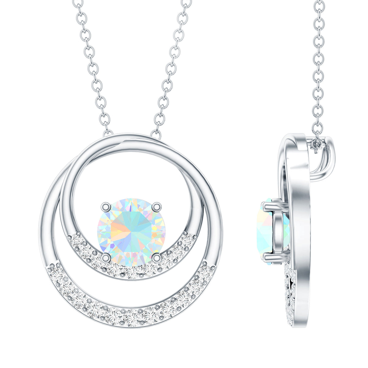 Natural Ethiopian Opal Double Circle Pendant Necklace with Diamond AAA - Rosec Jewels