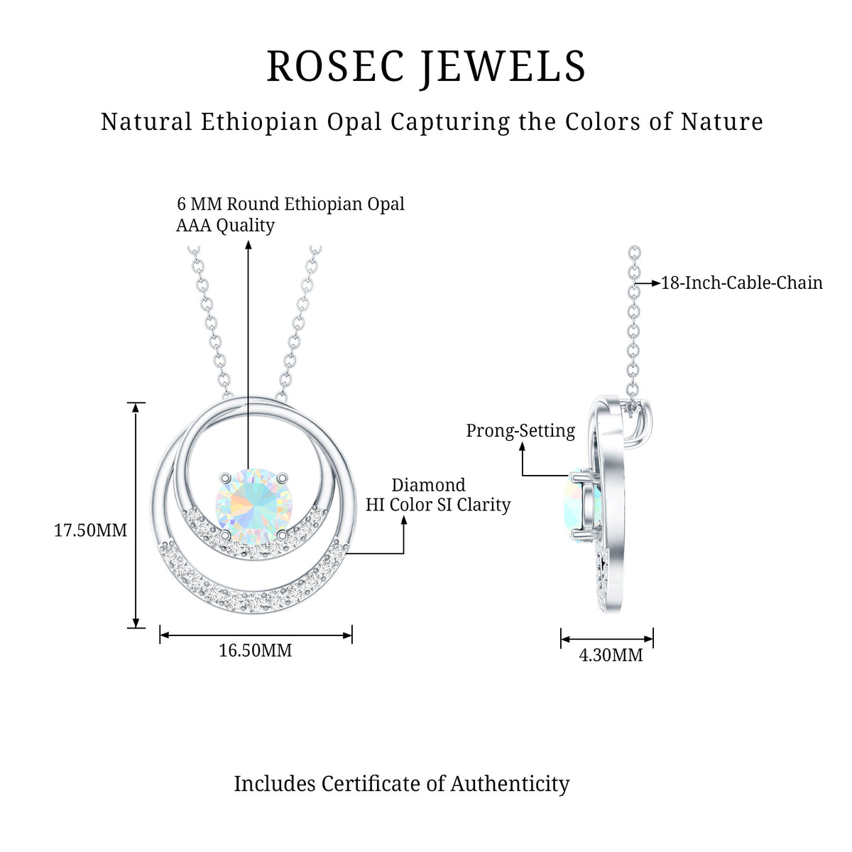 Natural Ethiopian Opal Double Circle Pendant Necklace with Diamond AAA - Rosec Jewels