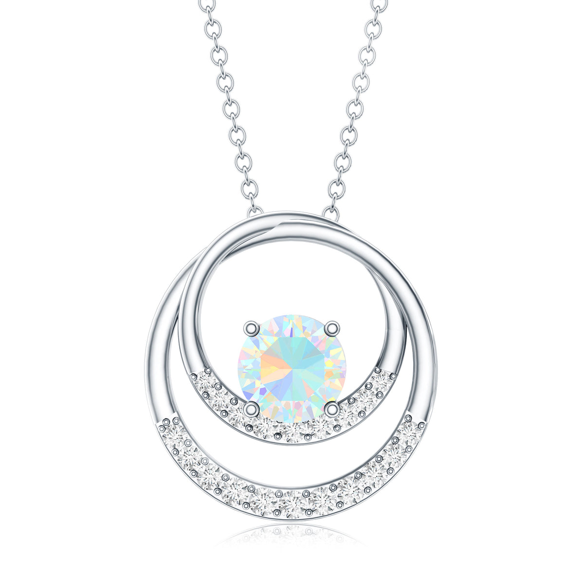 Natural Ethiopian Opal Double Circle Pendant Necklace with Diamond AAA - Rosec Jewels