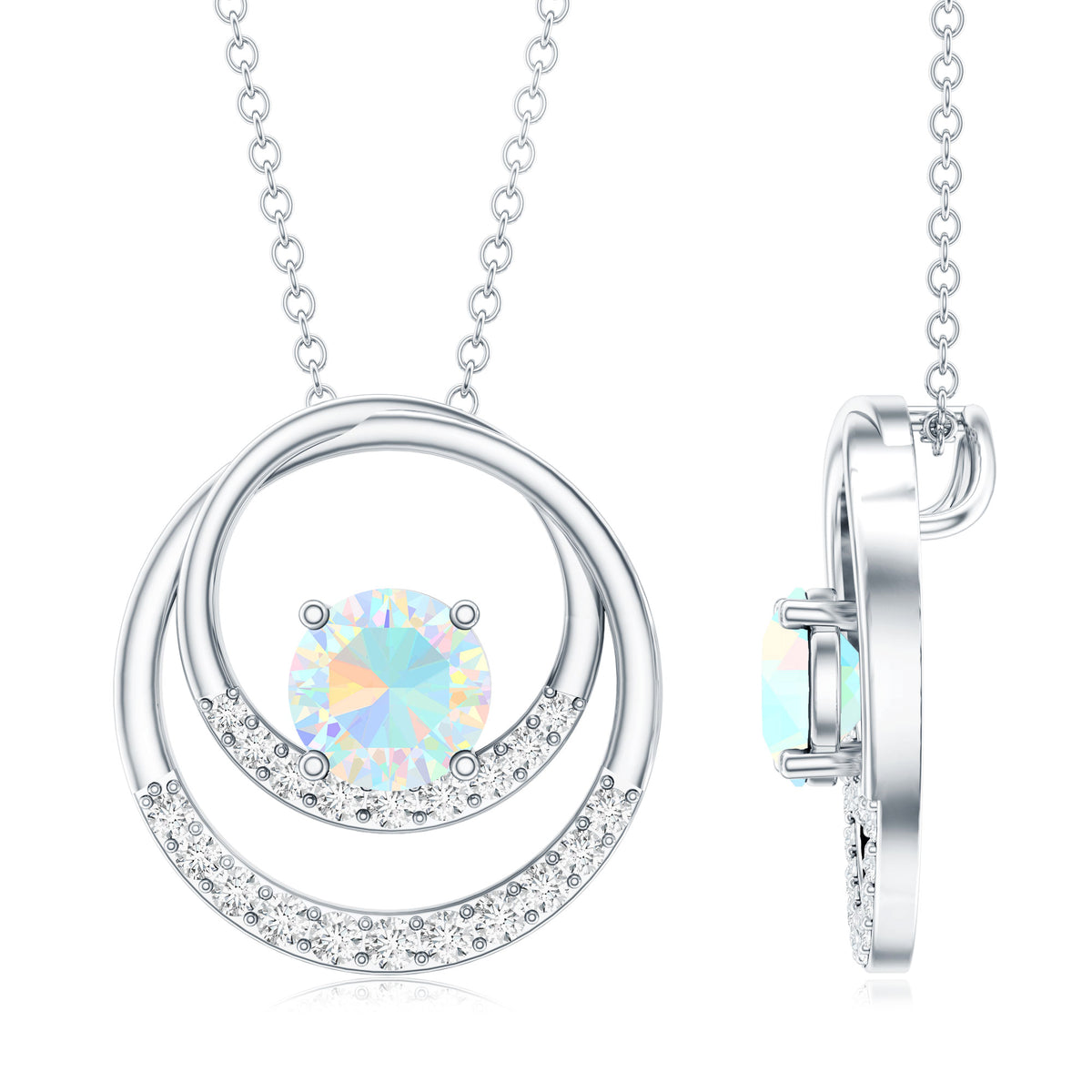 Natural Ethiopian Opal Double Circle Pendant Necklace with Diamond AAA - Rosec Jewels