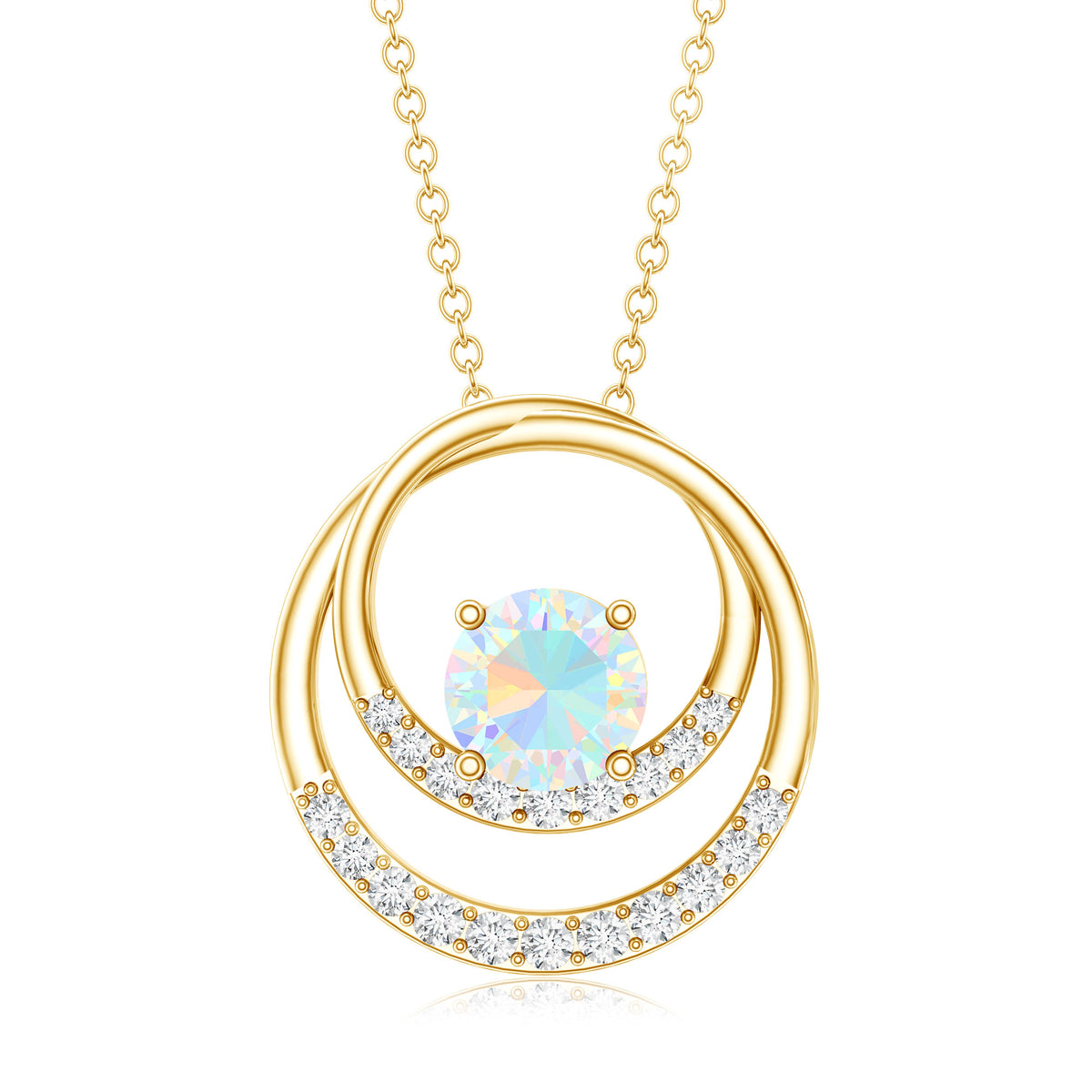 Natural Ethiopian Opal Double Circle Pendant Necklace with Diamond AAA - Rosec Jewels