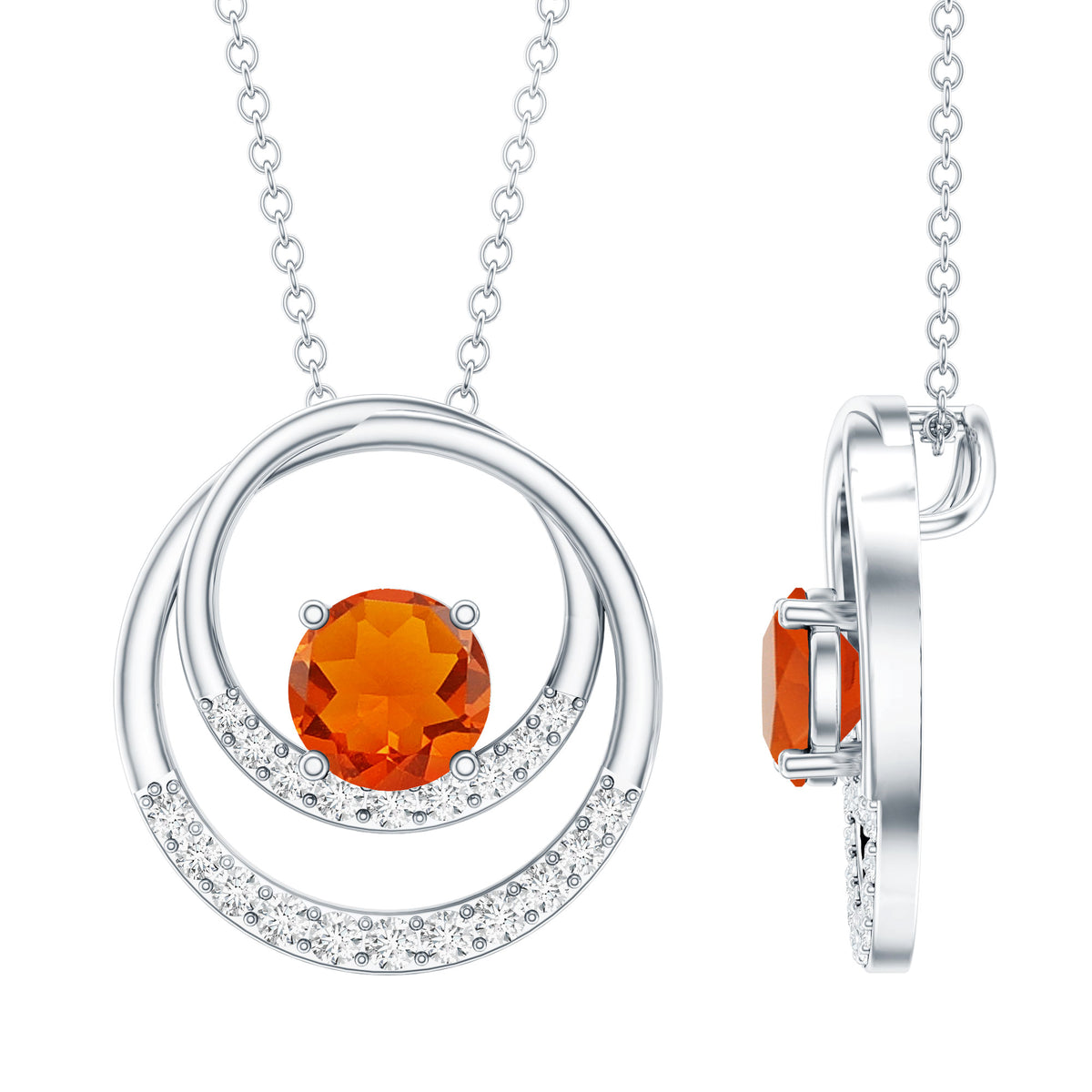 Real Fire Opal and Diamond Open Circle Pendant AAA - Rosec Jewels