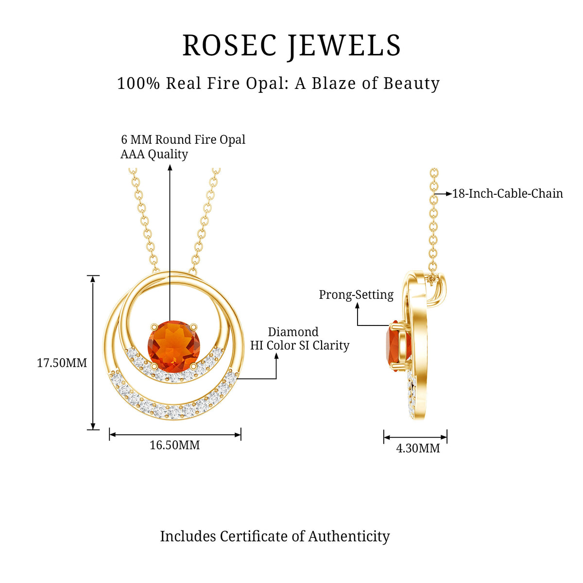 Real Fire Opal and Diamond Open Circle Pendant AAA - Rosec Jewels