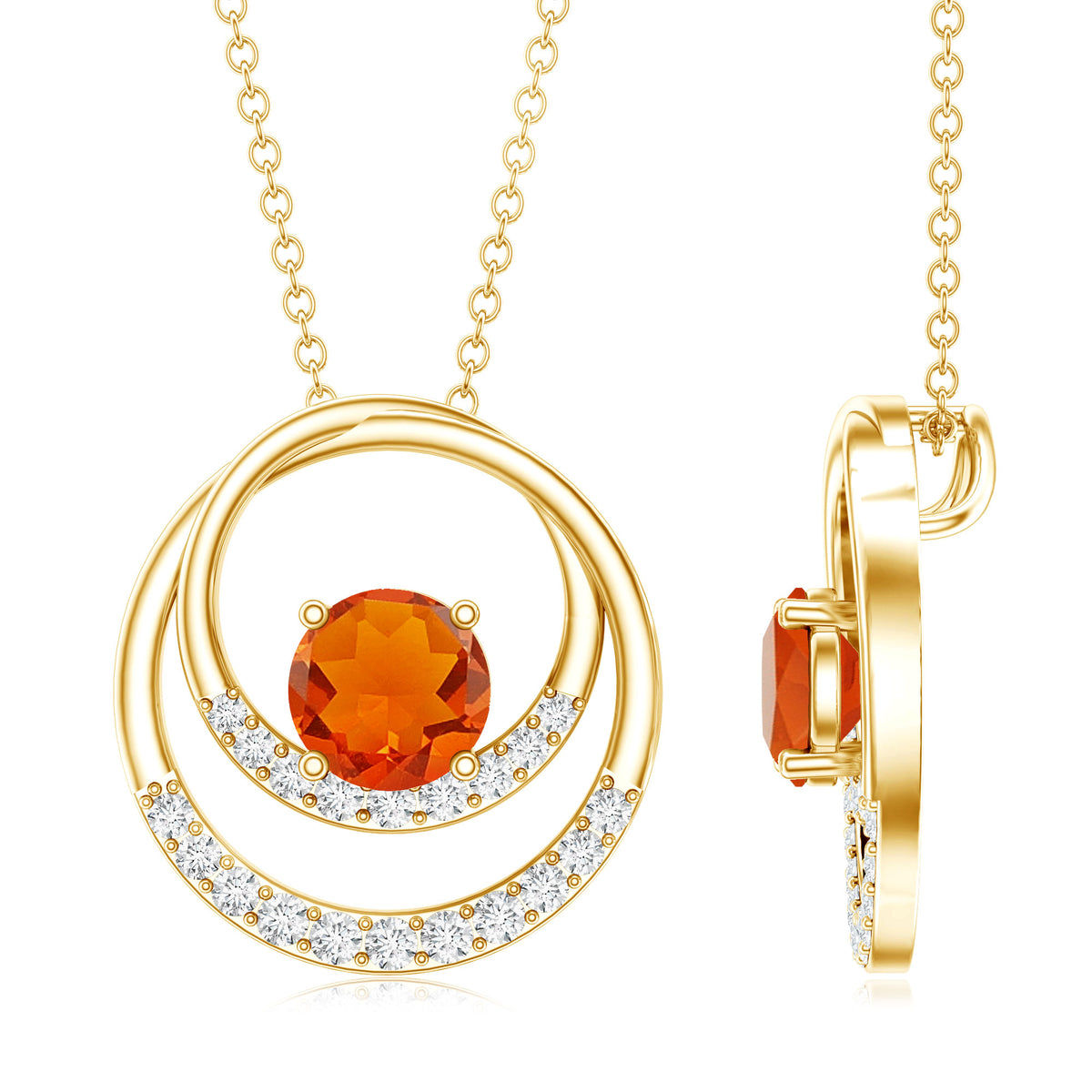 Real Fire Opal and Diamond Open Circle Pendant AAA - Rosec Jewels