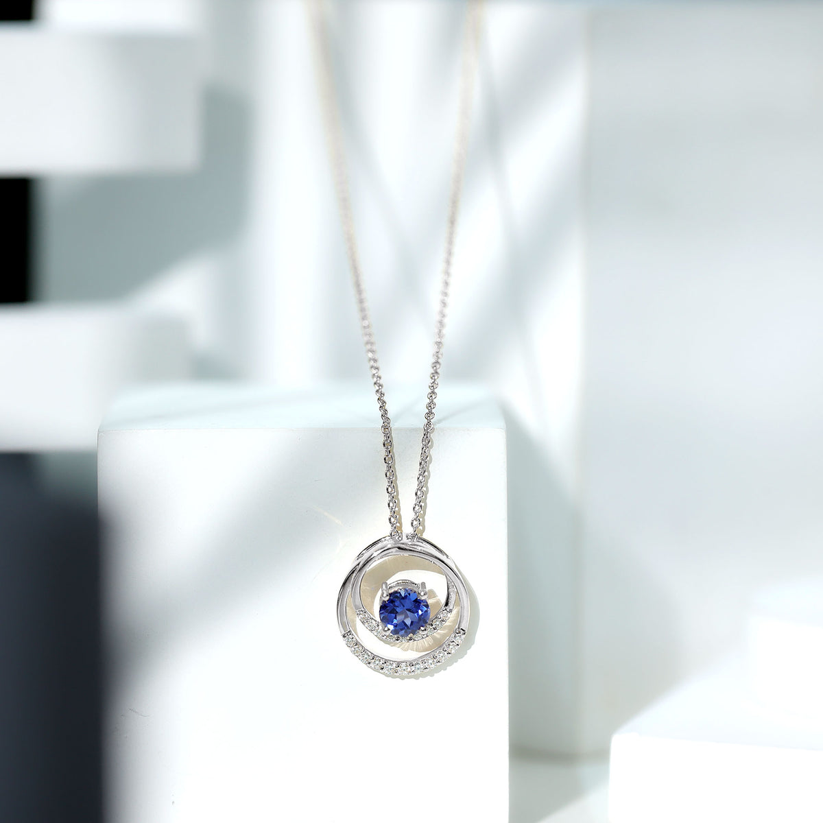 Lab Grown Blue Sapphire and Moissanite Promise Necklace AAAA - Rosec Jewels