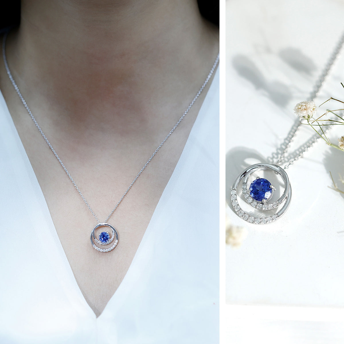 Lab Grown Blue Sapphire and Moissanite Promise Necklace AAAA - Rosec Jewels