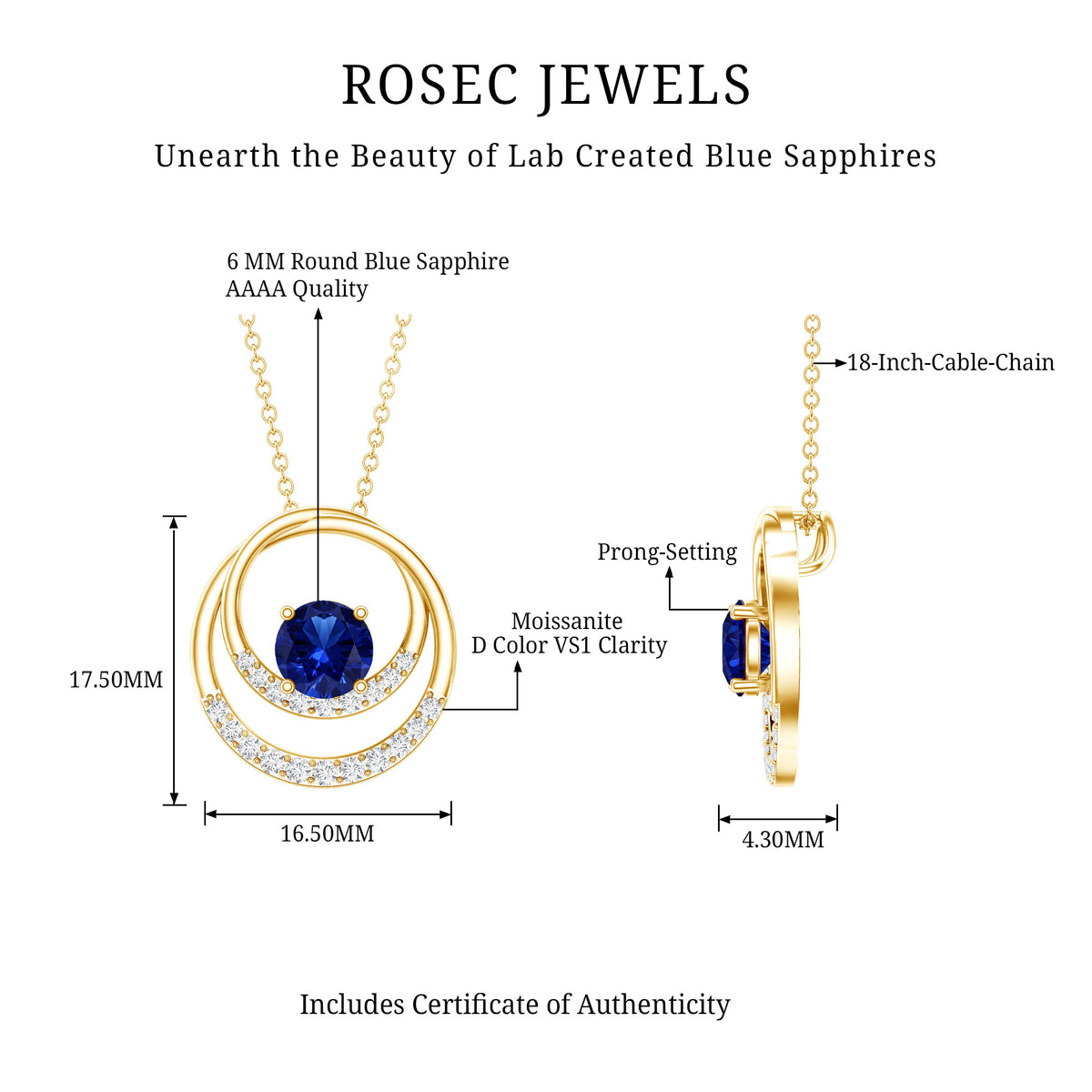 Lab Grown Blue Sapphire and Moissanite Promise Necklace AAAA - Rosec Jewels